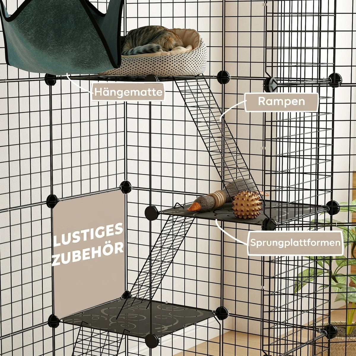 Narvas katėms 140 cm, 4 aukštų, iš 49 plokščių, su 5 durelėmis, hamaku, rampomis ir platformomis, juodas