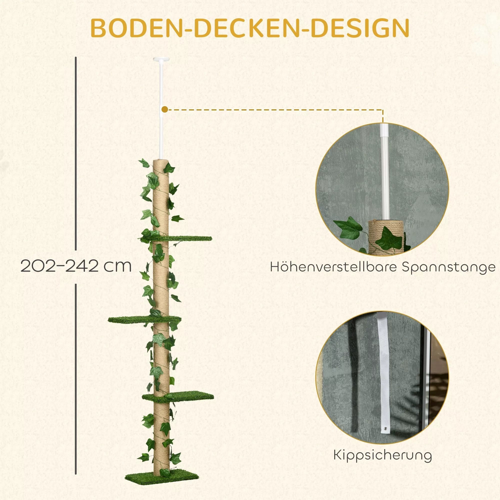 Katės draskyklė, aukštis reguliuojamas 202-242 cm, neslystanti, su džiuto virve aptrauktais stulpeliais, medžio drožlių plokštė, žalia/geltona