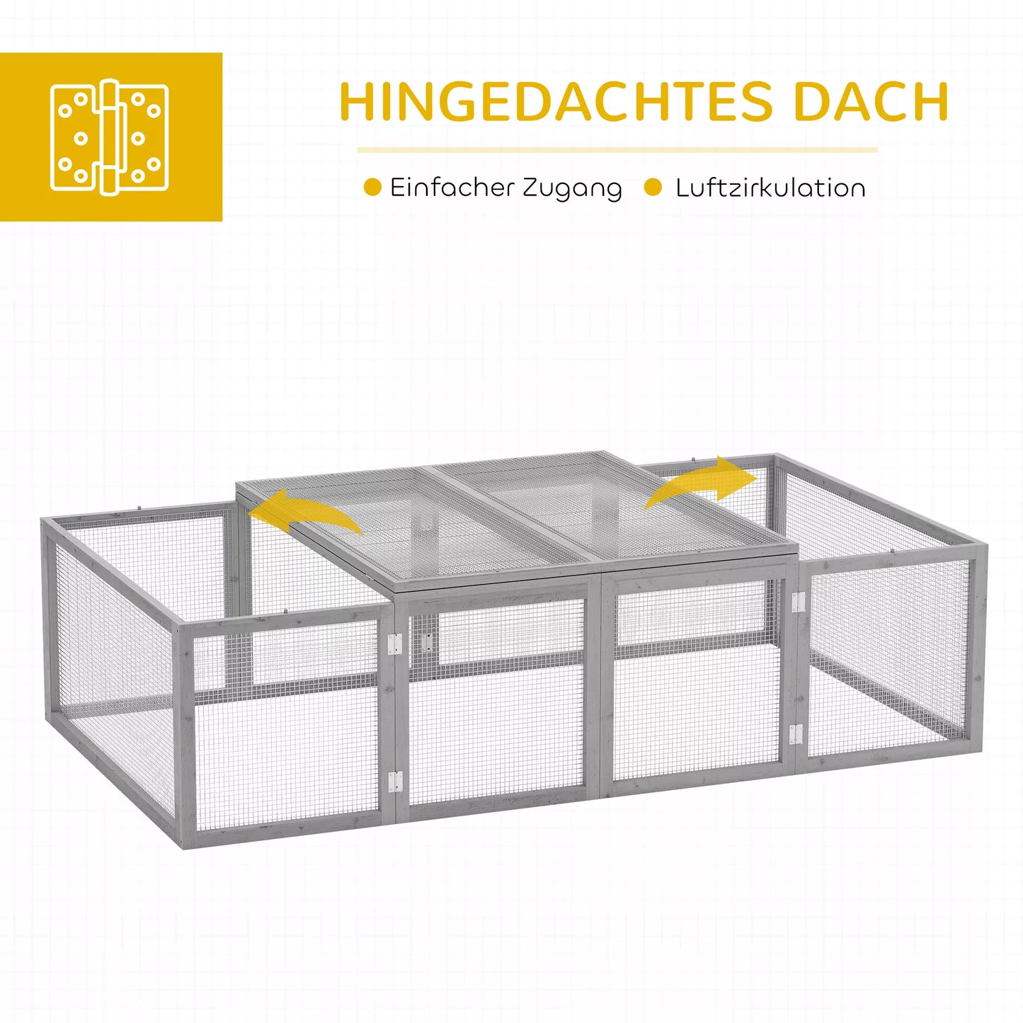 Gyvūnėlių tvartelis, aptvaras, lauko aptvaras, gyvūnėlių narvas su durelėmis, jūrų kiaulyčių tvartelis, laisvo judėjimo aptvaras, gyvūnėlių namelis iš eglės medienos, 181 x 100 x 48 cm, pilkas