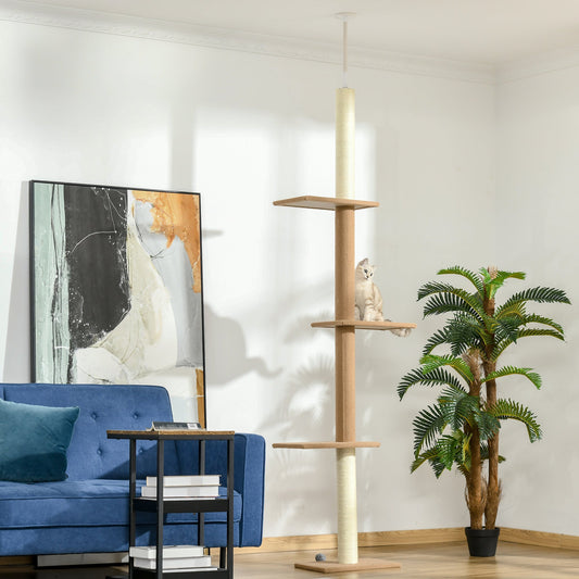 Katelių medis iki lubų, 228-260 cm, aukštį reguliuojamas katelių medis, kopinėlis katėms su 3 lygiais, katelių draskyklė, žaidimų medis nuo grindų iki lubų Chaki