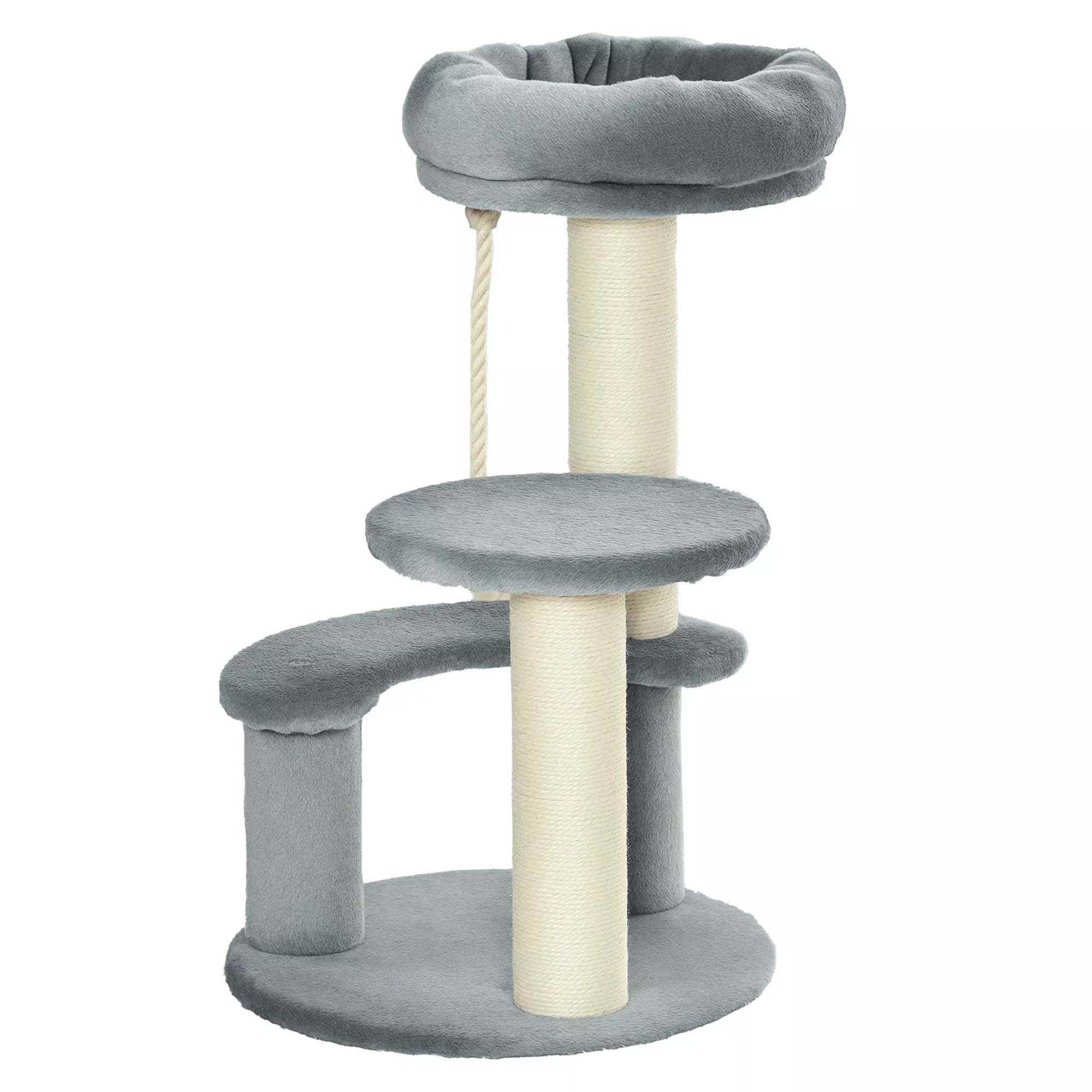 Kačių medis su hamaku, 3 pakopų žaidimų medis su katės guoliu, kačių draskyklė su sėdimąja platforma, sizaliniai stulpai, pilkos spalvos Ø40 x H65 cm