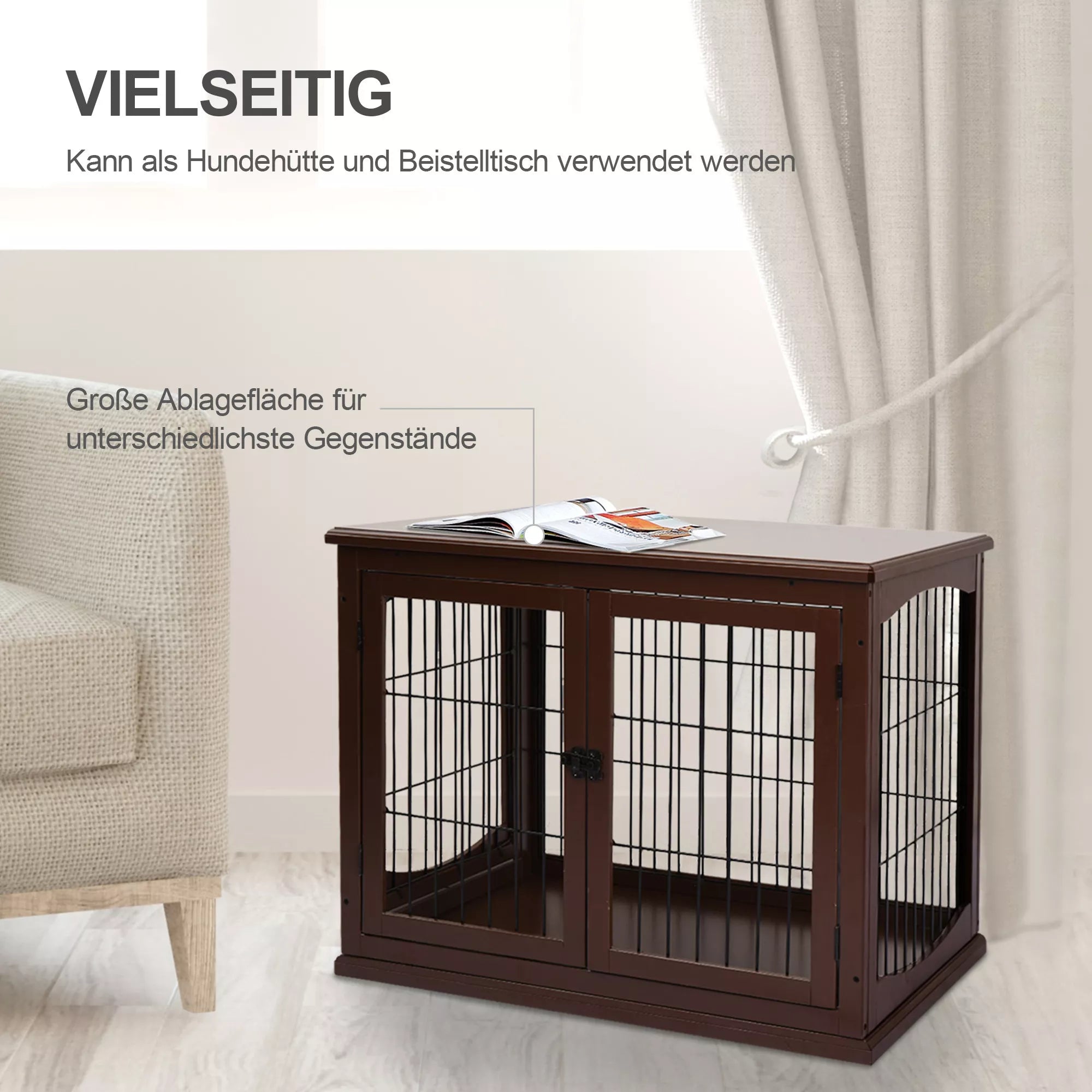 Suņu būris, 2 ieejas, slēdzams, MDF un metāls, 58,4 x 81,3 x 66 cm, melns