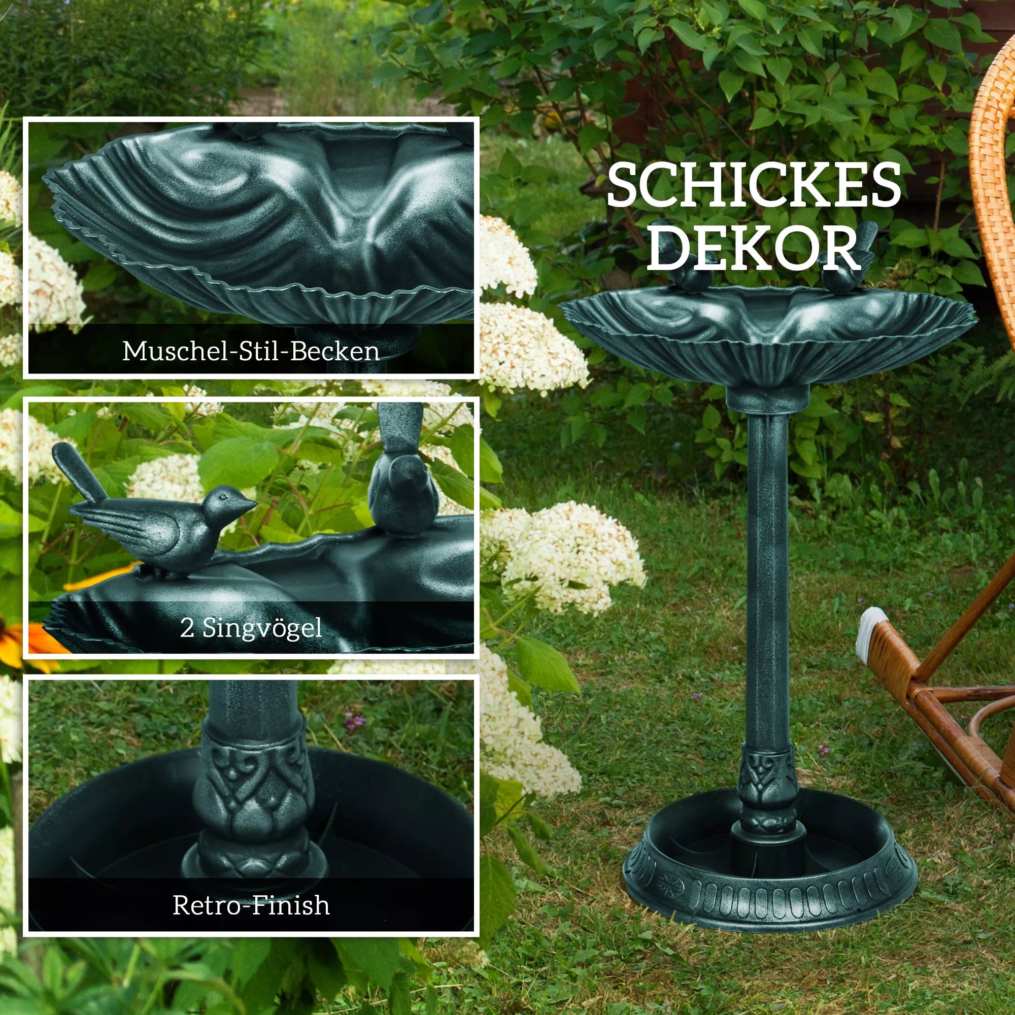 Paukščių girdykla, paukščių vonia su statulėlėmis, 2 baseinai, plastikas, senovinis stilius, 49,5L x 38B x 81H cm, tamsiai žalia