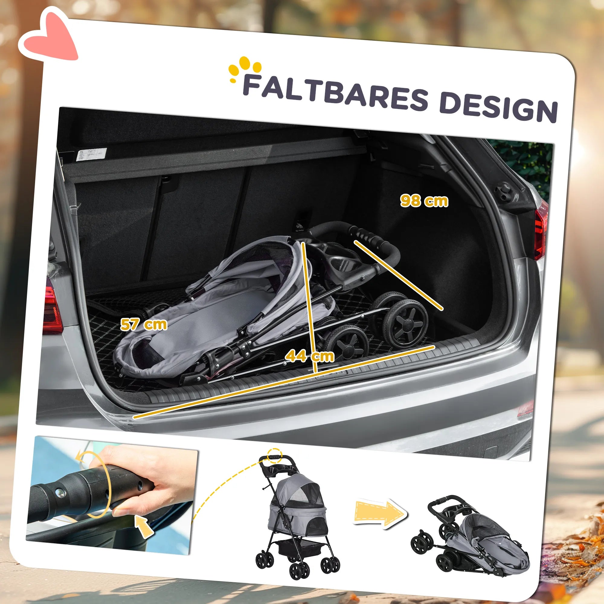 Suņu ratiņi līdz 4 kg, saliekami, ar sieta logu, apakšējo grozu, krūzīšu turētāju, noņemamu jumtiņu, pelēki, 67 x 45 x 96 cm