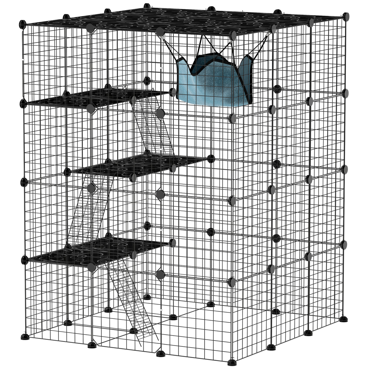 Narvas katėms 140 cm, 4 aukštų, iš 63 plokščių, su 5 durelėmis, hamaku, rampomis ir platformomis, juodas