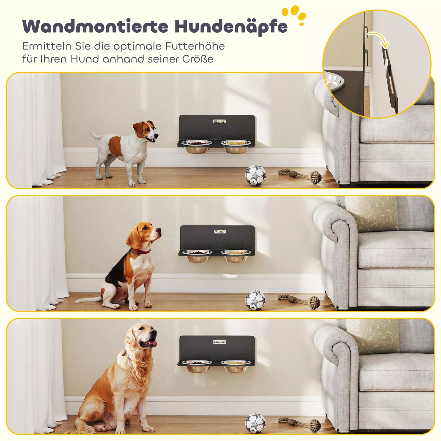 Šunų dubuo, reguliuojamo aukščio, sieninis dubuo su 2 x 800 ml nerūdijančio plieno dubenėliais, 42 x 23,5 x 14 cm, juodos spalvos