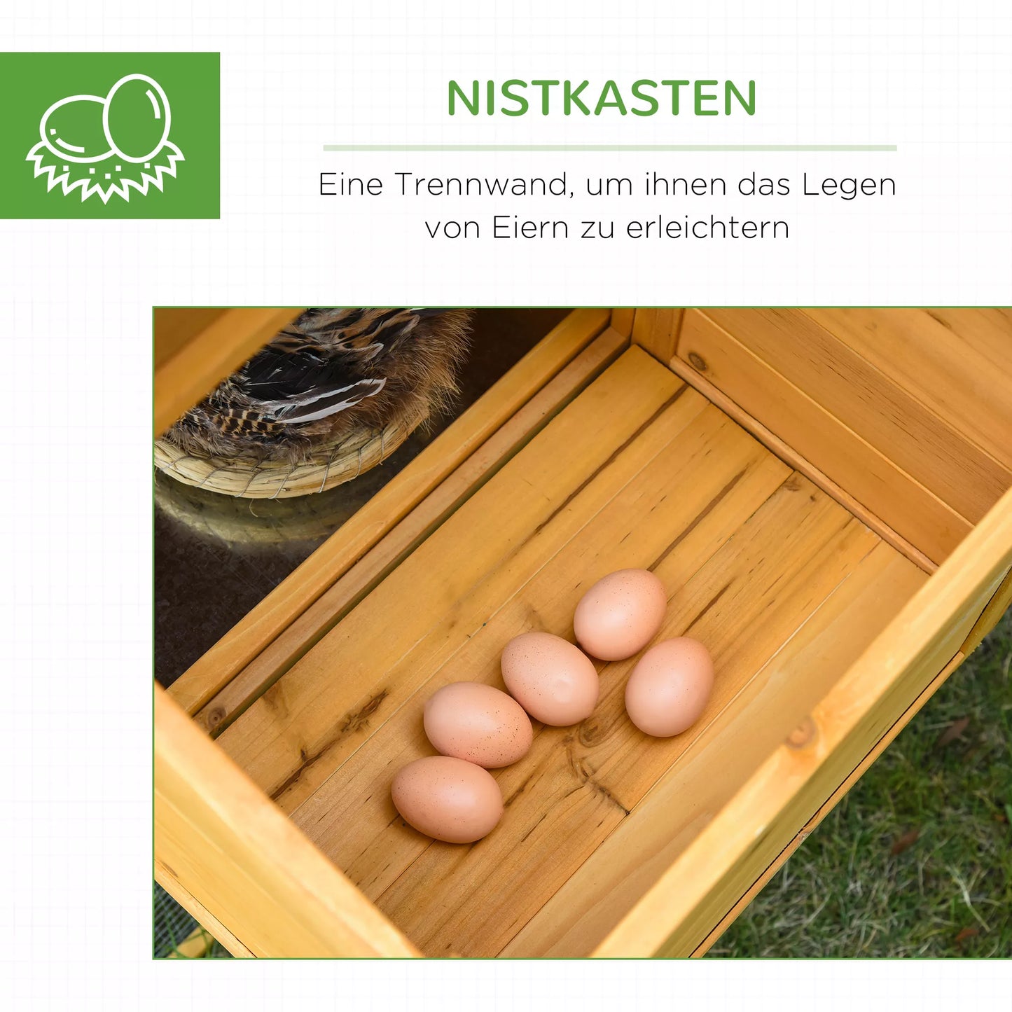 Nykštukinių vištų namelis su voljeru ir lizdaviete. Atsparus oro sąlygoms, užsandarinta eglės mediena, asfalto stogas. Spalvos: natūrali ir žalia.