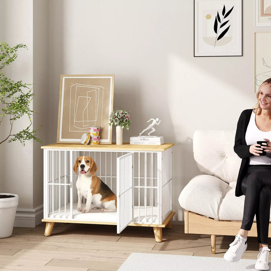 Šunų narvas su užrakinamomis durimis, nuimama pagalvėlė, gera ventiliacija, plienas, 86x60x70 cm, balta+pilka