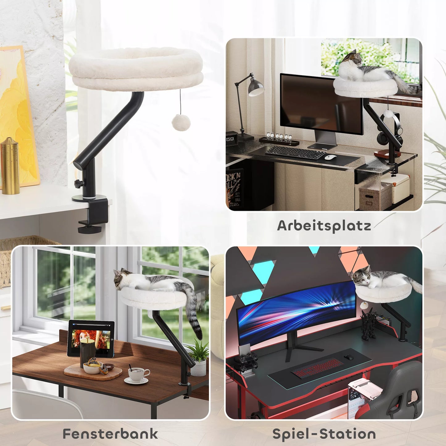 Kaķu gulta pie rakstāmgalda, kaķu gulta pie rakstāmgalda ar 360° rotāciju, regulējams augstums, kaķu gulta ar noņemamu, veļas mašīnā mazgājamu spilvenu, kaķiem līdz 6 kg, mājas birojam, krēmbalta