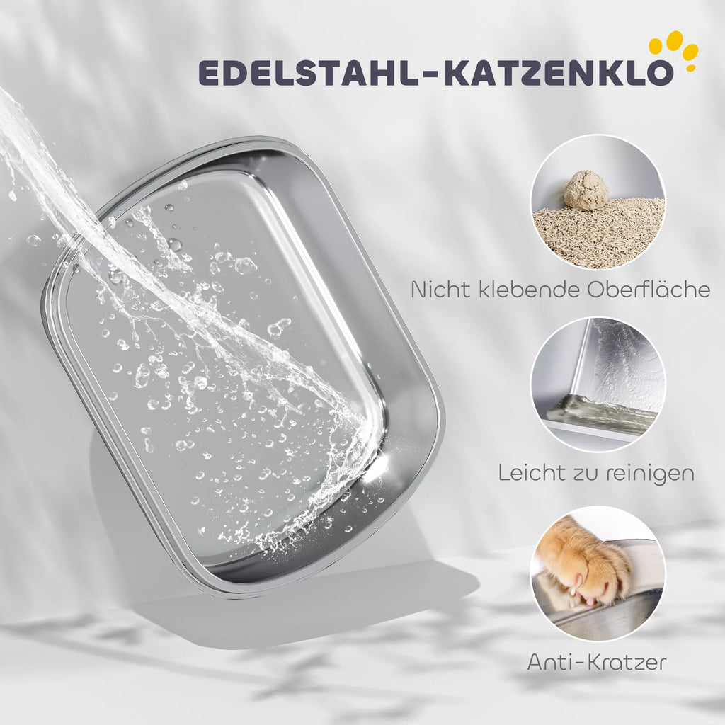 Nerūdijančio plieno kačių tualetas su dangčiu, uždara dėžė su samteliu, plienas ir plastikas, katėms iki 5kg 52,4 x 41,3 x 42 cm, balta