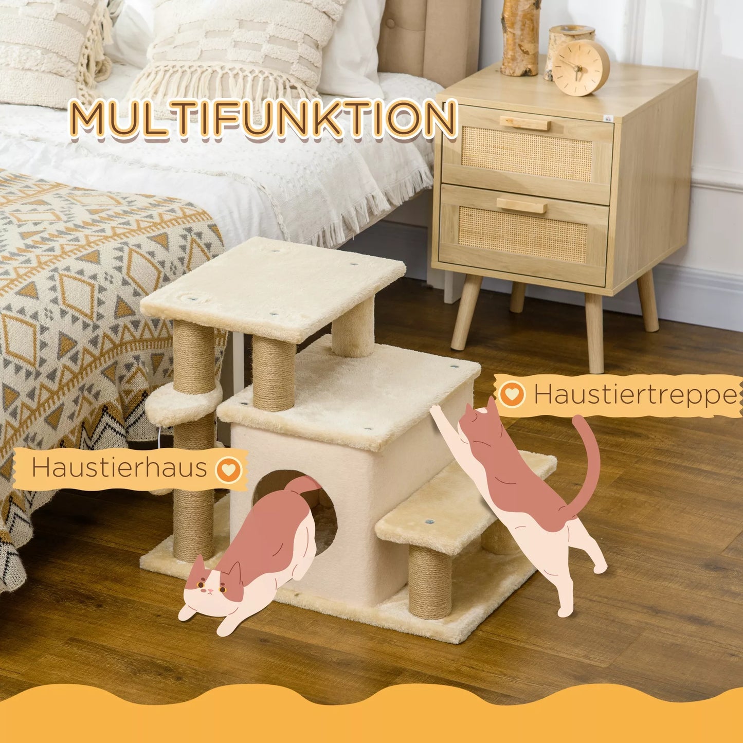 Laipteliai naminiams gyvūnėliams, draskyklė, 4 pakopos, su žaisliuku, namelis, reguliuojamo aukščio, 60 x 40 x 66 cm, smėlio spalvos