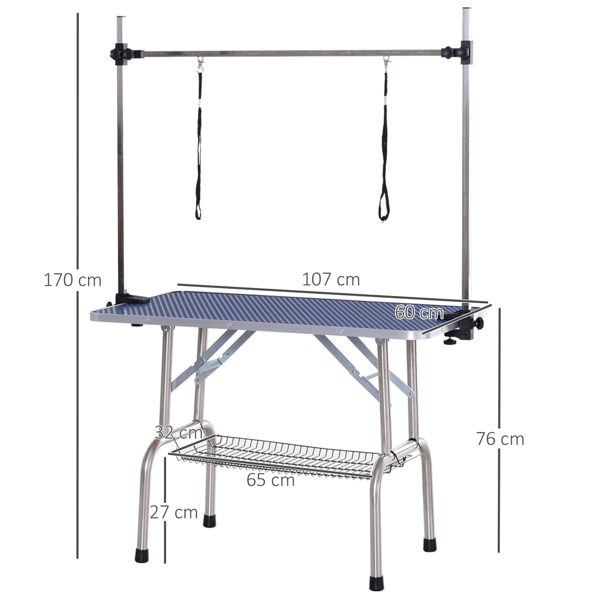 Kirpimo stalas šunims ir katėms 107x60 cm, sulankstomas, su laikikliu ir apatiniu krepšiu, iki 100 kg, mėlynas