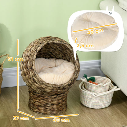 Rattan cat basket, cave, house, bed with cushion, pet bed, water hyacinth, coffee, 40 x 37 x 51 cm