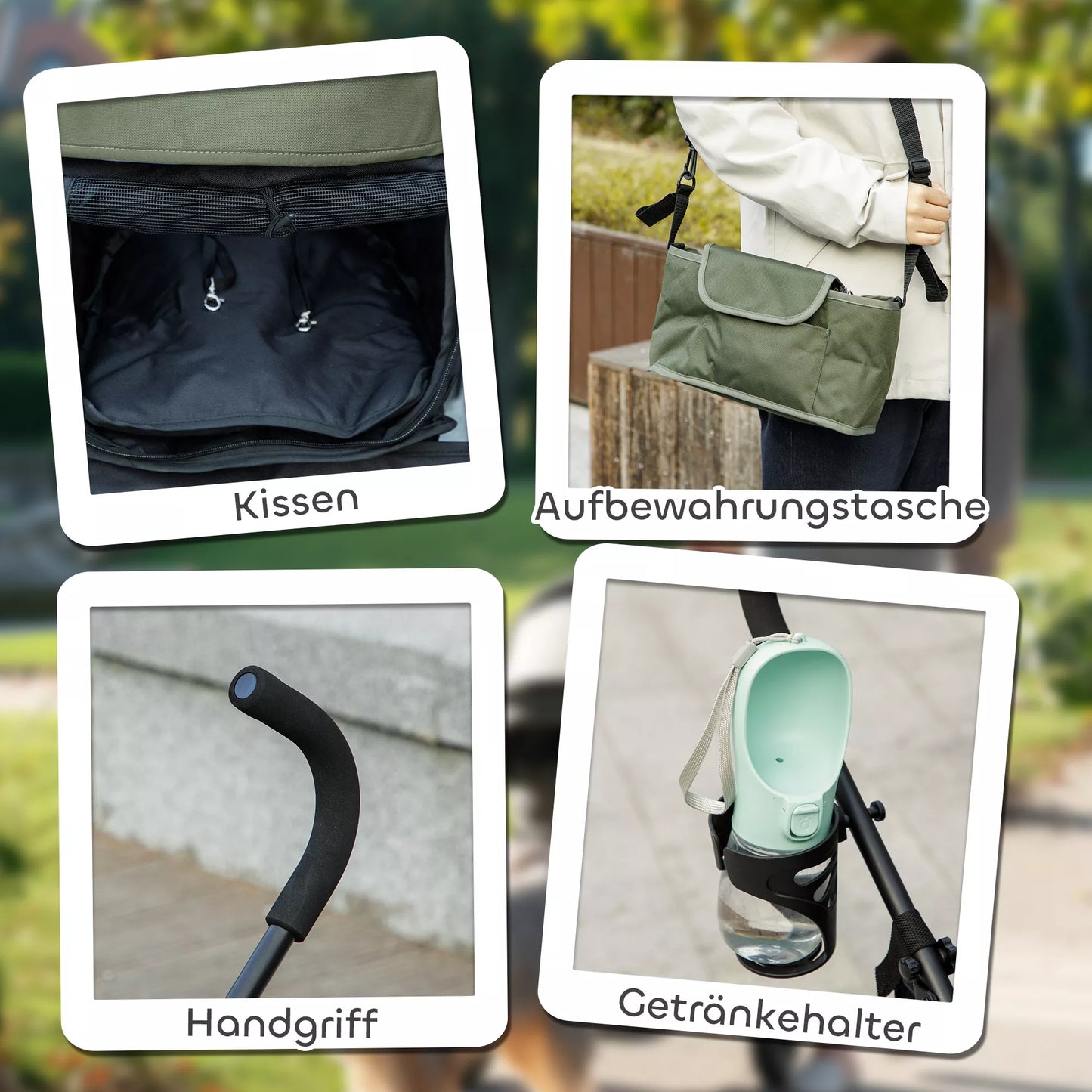 Mājdzīvnieku ratiņi, drošības siksnas, sieta logs, 76 cm platums x 44 cm dziļums x 103 cm augstums, tumši zaļi