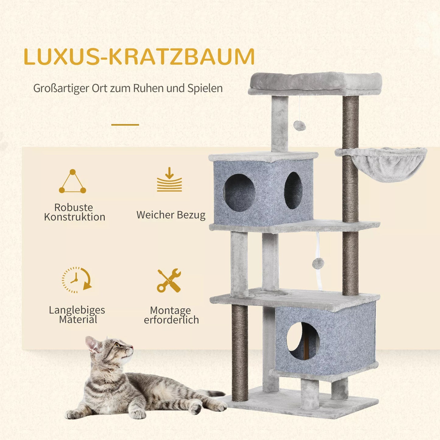 Aukšta draskyklė-medis katėms su 2 nameliais, guoliu ir platformomis, 142 cm, pilka