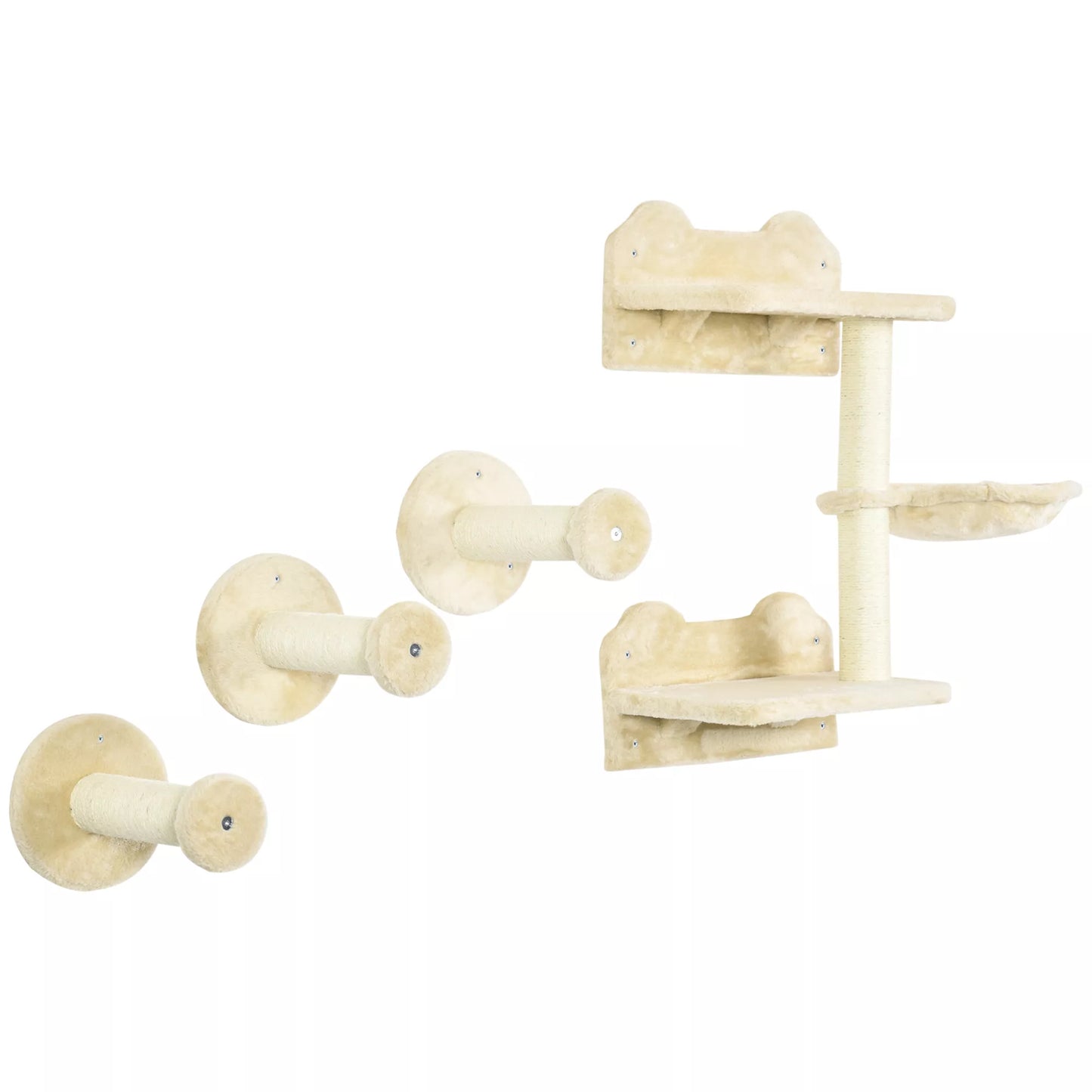 Kopimo pakopos, laipiojimo sienelė, kačių laipteliai, 4 dalių komplektas, su draskykle, hamaku, smėlio spalvos + kreminės baltumo, 40 x 28 x 73cm