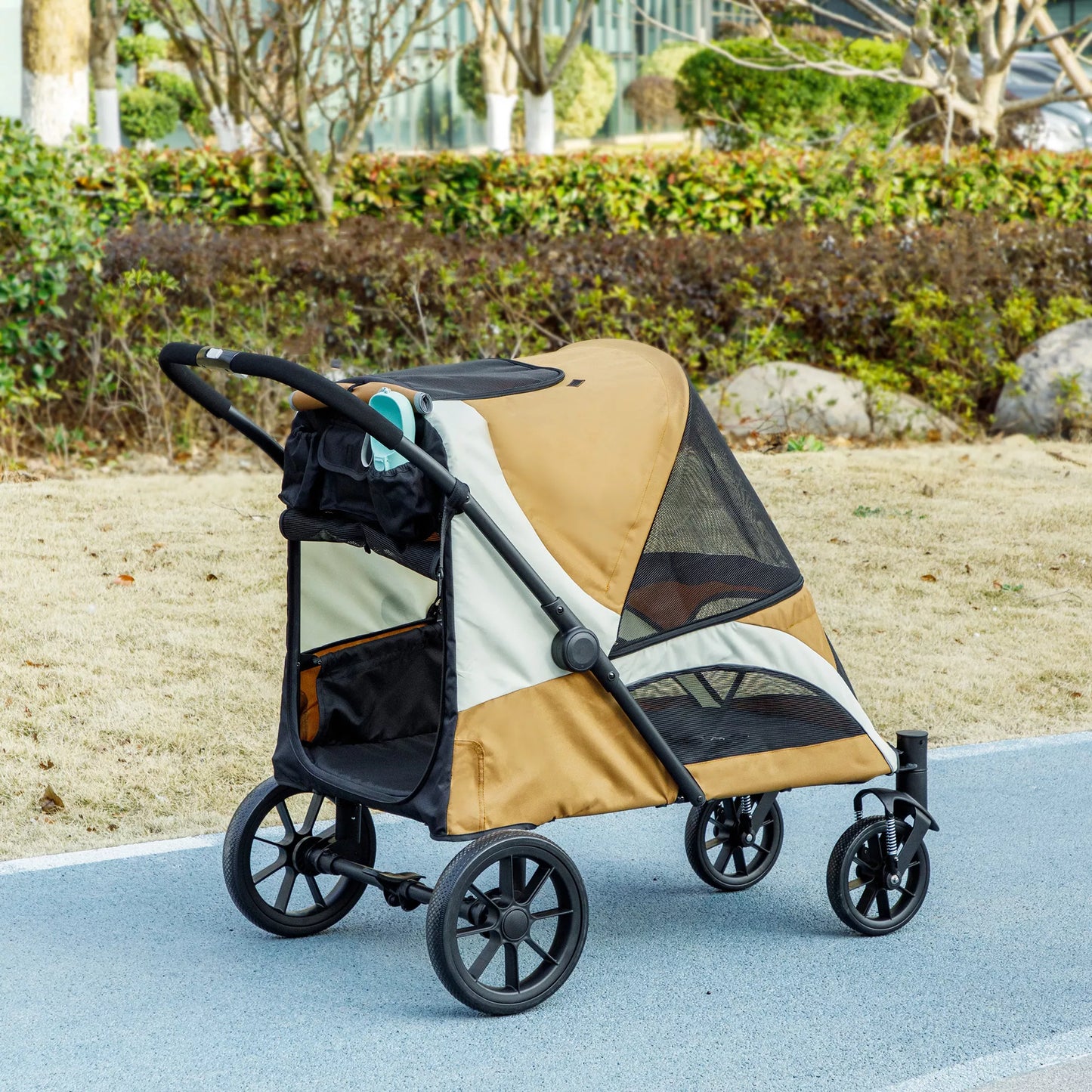 Šunų vežimėlis, sulankstomas šunų vežimėlis dideliems šunims, keturratis naminių gyvūnų vežimėlis, saugos dirželiai, stabdžiai, rudos spalvos