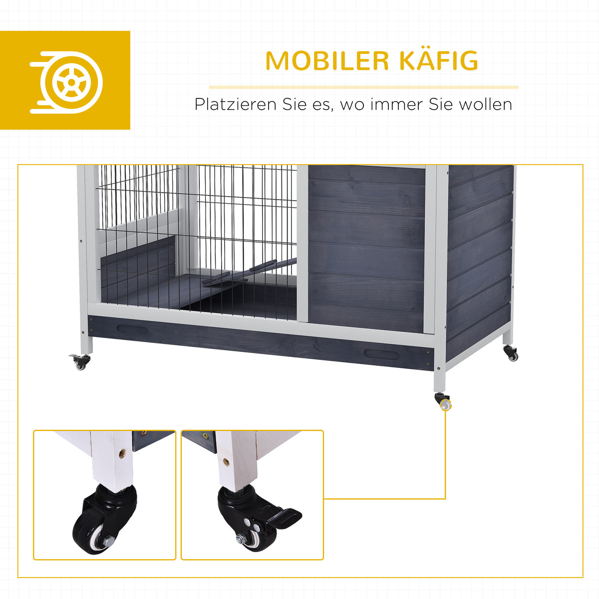 Narvas triušiams ir jūrų kiaulytėms ant ratukų, dviaukštis, medinis, su rampa, 90x53x59 cm, tamsiai pilkas su baltu