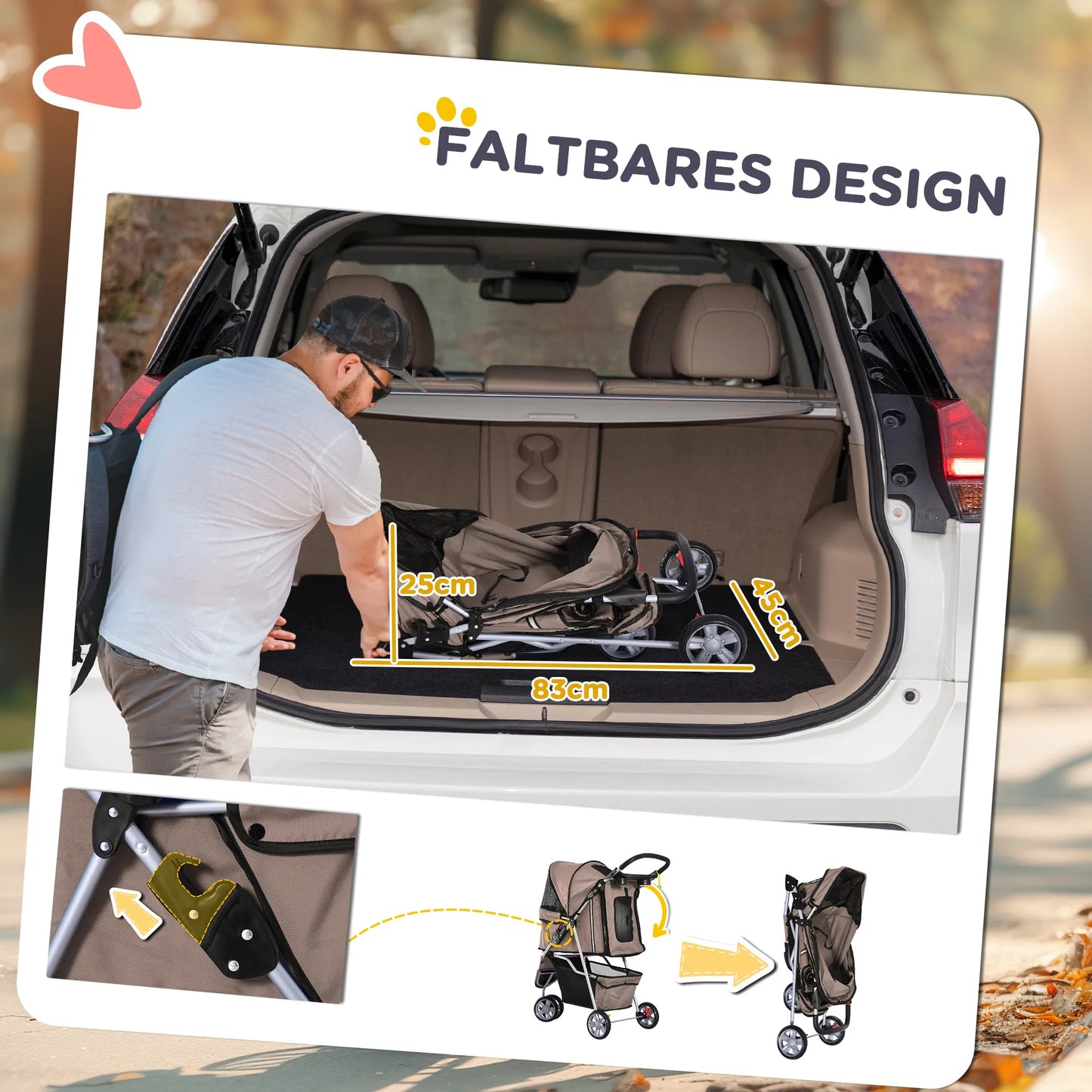 Šunų vežimėlis iki 10 kg, sulankstomas, su apatiniu krepšiu, 2 puodelių laikikliais, reguliuojamu stogeliu, kavos rudumo spalvos