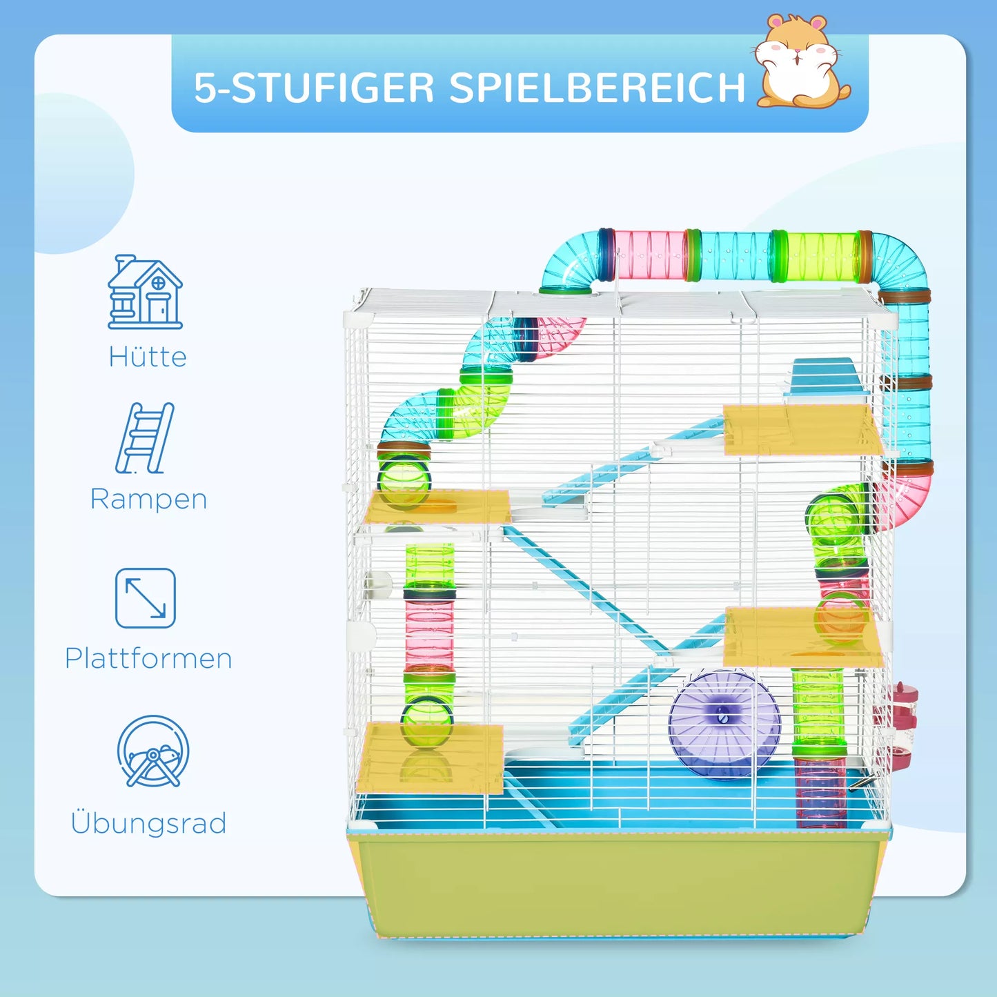 Hamsterio narvas, 5 aukštų graužikų narvas, mažų gyvūnų narvas iš plieninio vielos su bėgimo ratu, rampa, gėrimo buteliuku, maisto dubenėliu, pelės narvas hamsteriams, žiurkėnams 59 x 36 x 69 cm, šviesiai mėlynas + baltas