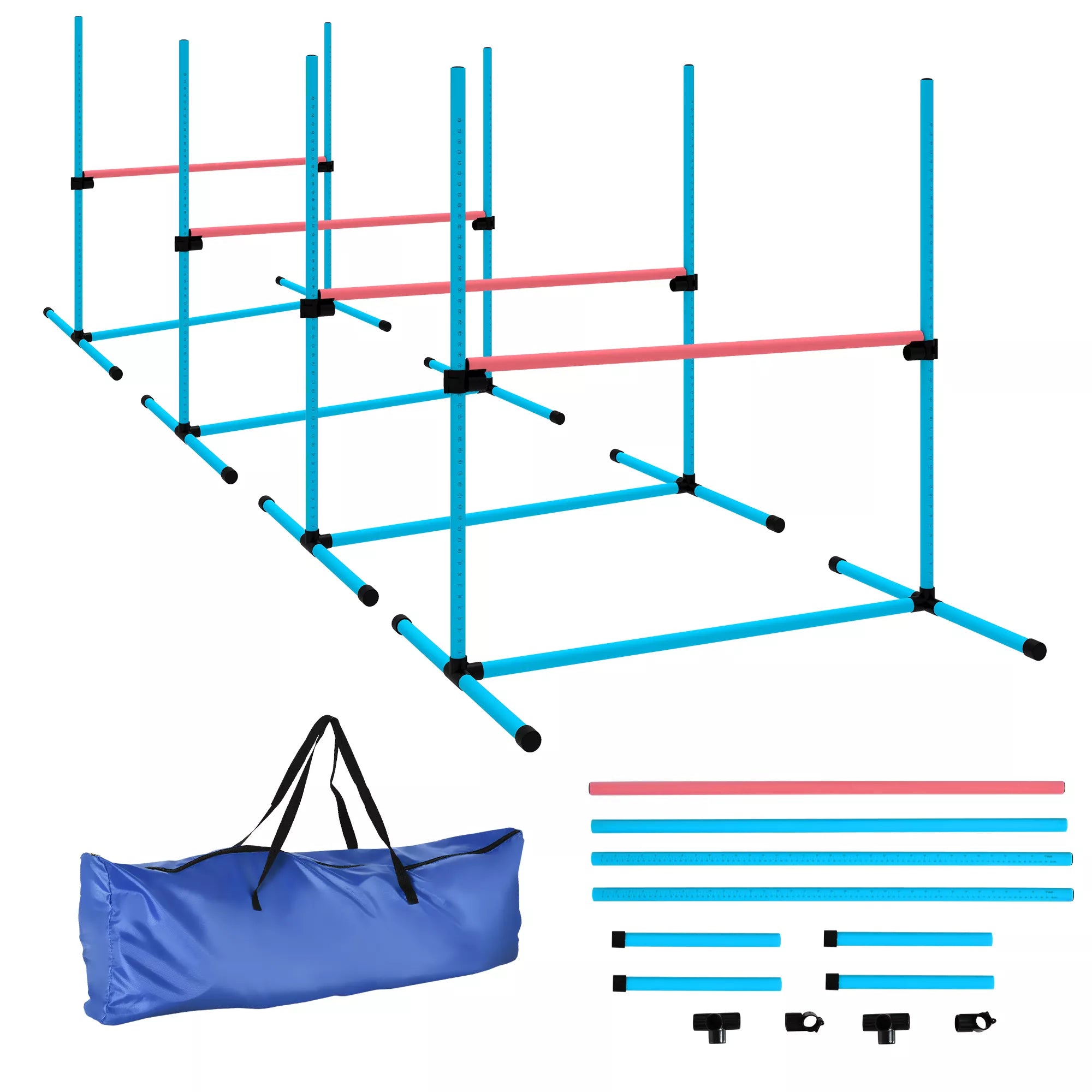 Agility rinkinys šunims 4 dalių aukščio reguliuojama agility įranga su 4 kliūtimis Nešimo krepšys 99 x 65 x 94 cm Šviesiai mėlyna