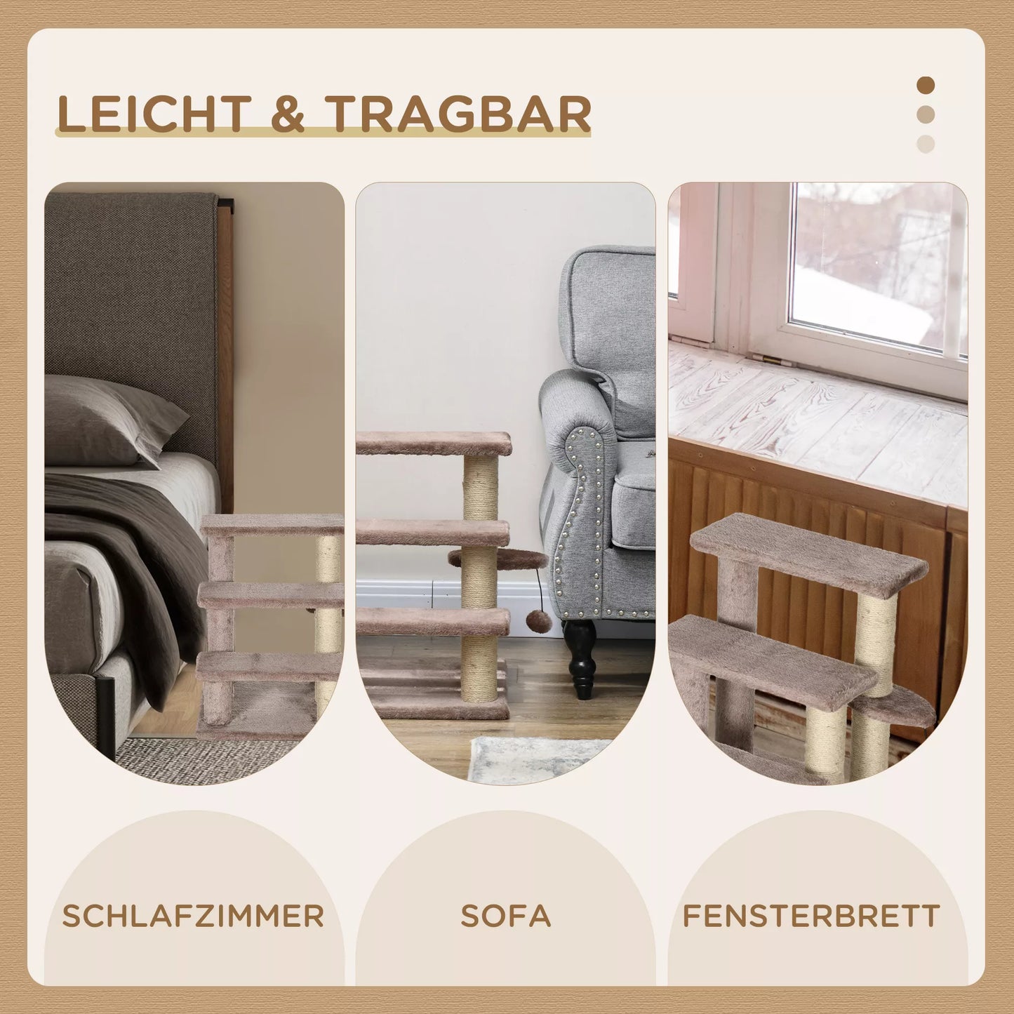 Kačių draskyklė, augintinio laipteliai, 3 pakopos, žaidimo kamuoliukas, iki 5 kg, 45x40x48cm, ruda