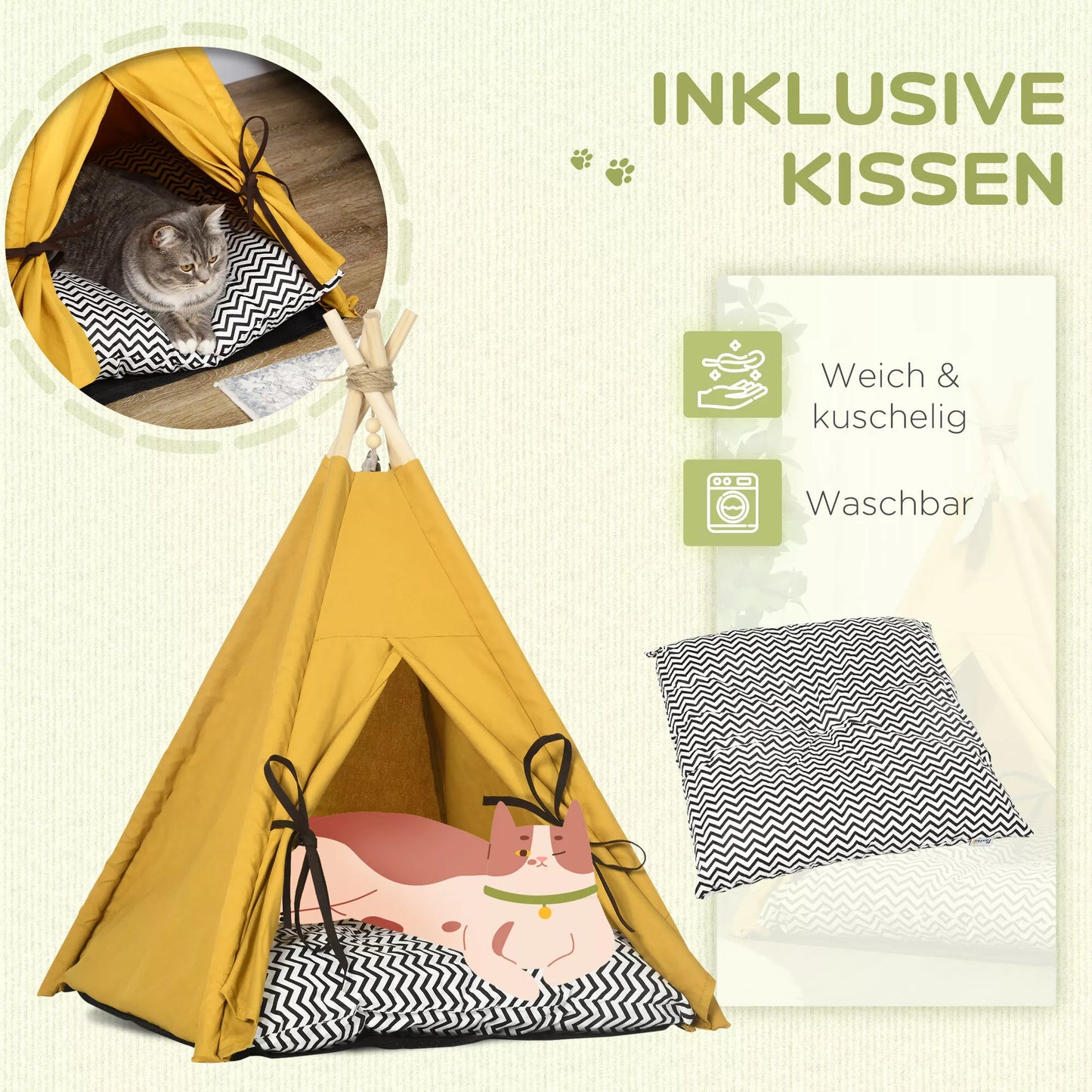 Mājdzīvnieku gulta, rotaļīga tipi dizaina, ar mīkstu guļampapīru un grīdas paklājiņu, suņiem un kaķiem, 60 x 60 x 76 cm