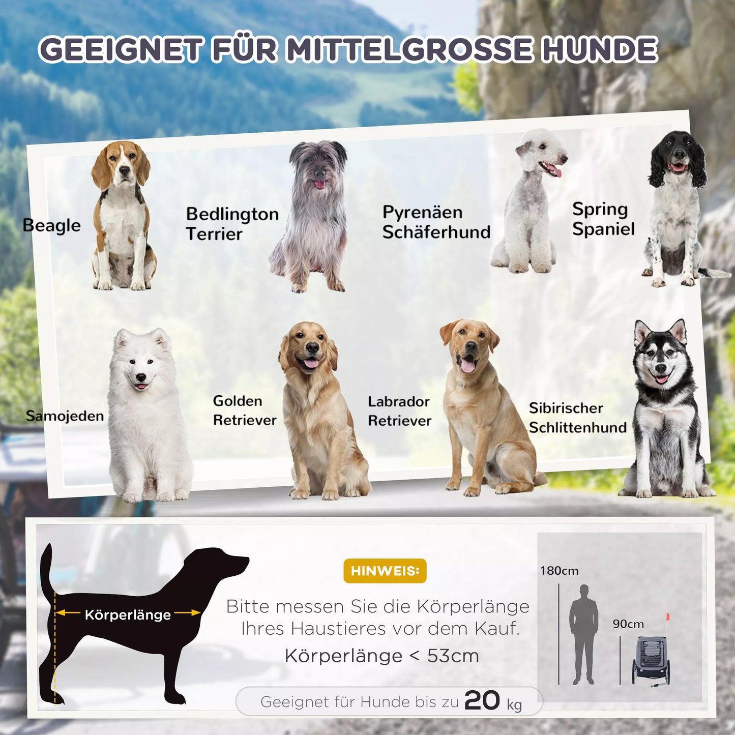 Šunų priekaba Dviračių priekaba iki 20 kg, sulankstoma, su universaliu sukabintuvu, atšvaitais, vėliava, sandėliuojama, plieno + poliesterio, pilkos + juodos spalvos, 130 x 73 x 90 cm