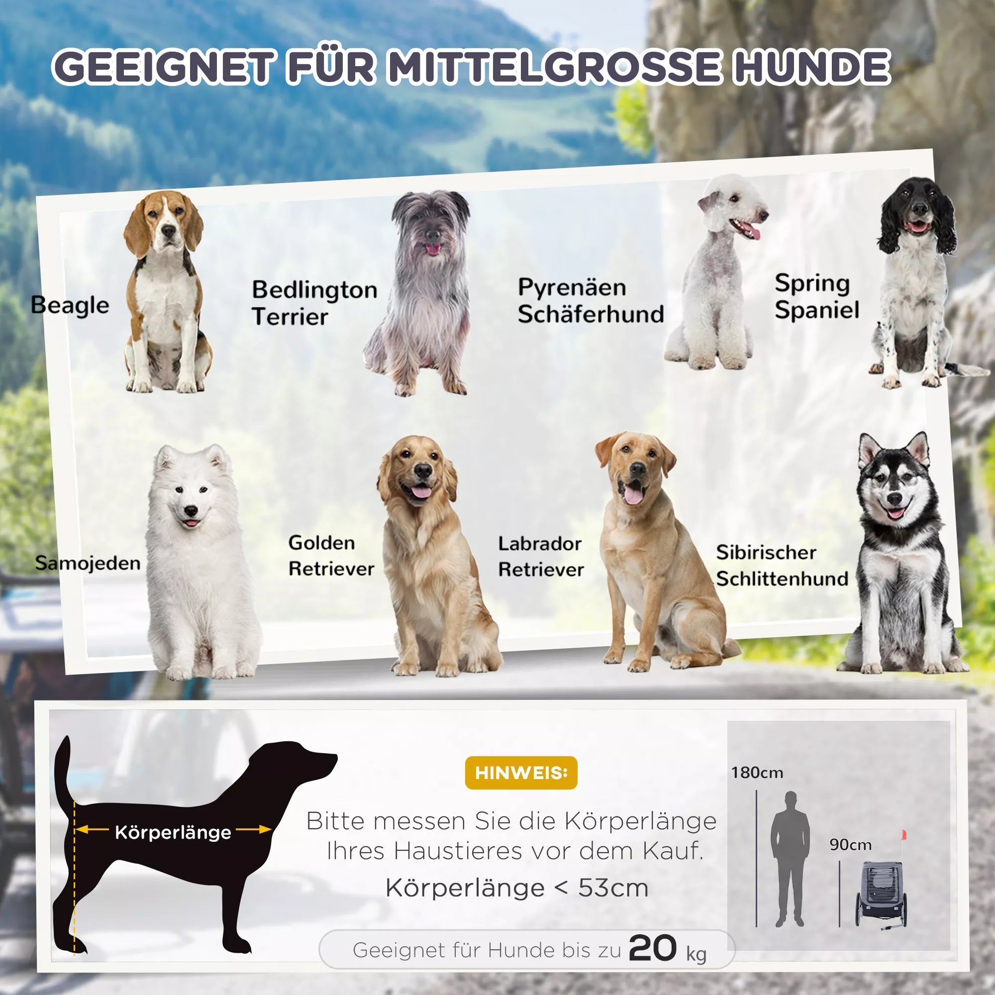 Šunų priekaba Dviračių priekaba iki 20 kg, sulankstoma, su universaliu sukabintuvu, atšvaitais, vėliava, sandėliuojama, plieno + poliesterio, pilkos + juodos spalvos, 130 x 73 x 90 cm