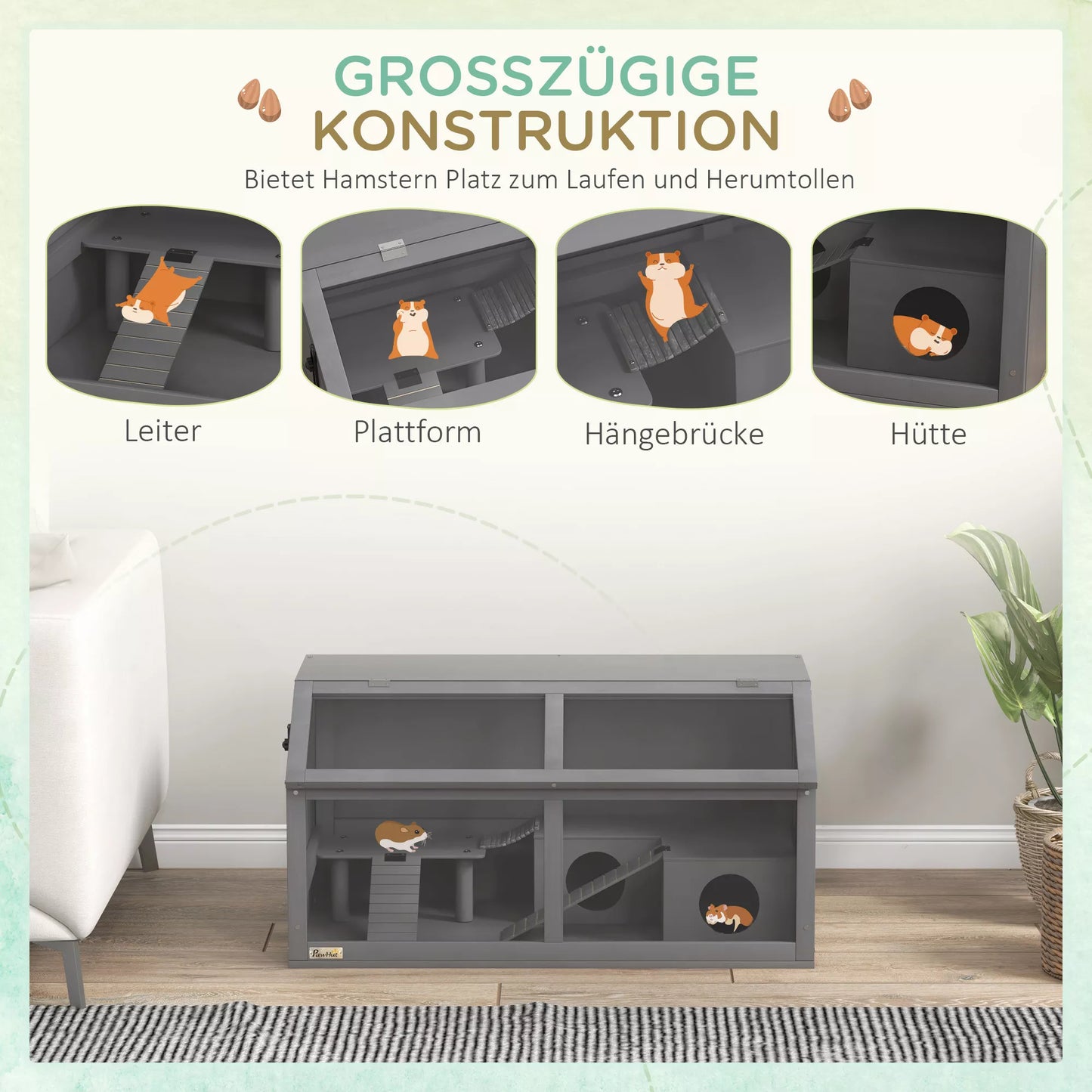 Hamsterių narvas, medinis smulkių gyvūnėlių narvas, kabantis tiltelis, laipteliai, namelis, 84 x 45 x 44 cm, smulkiesiems žiurkėnams, pilkos spalvos