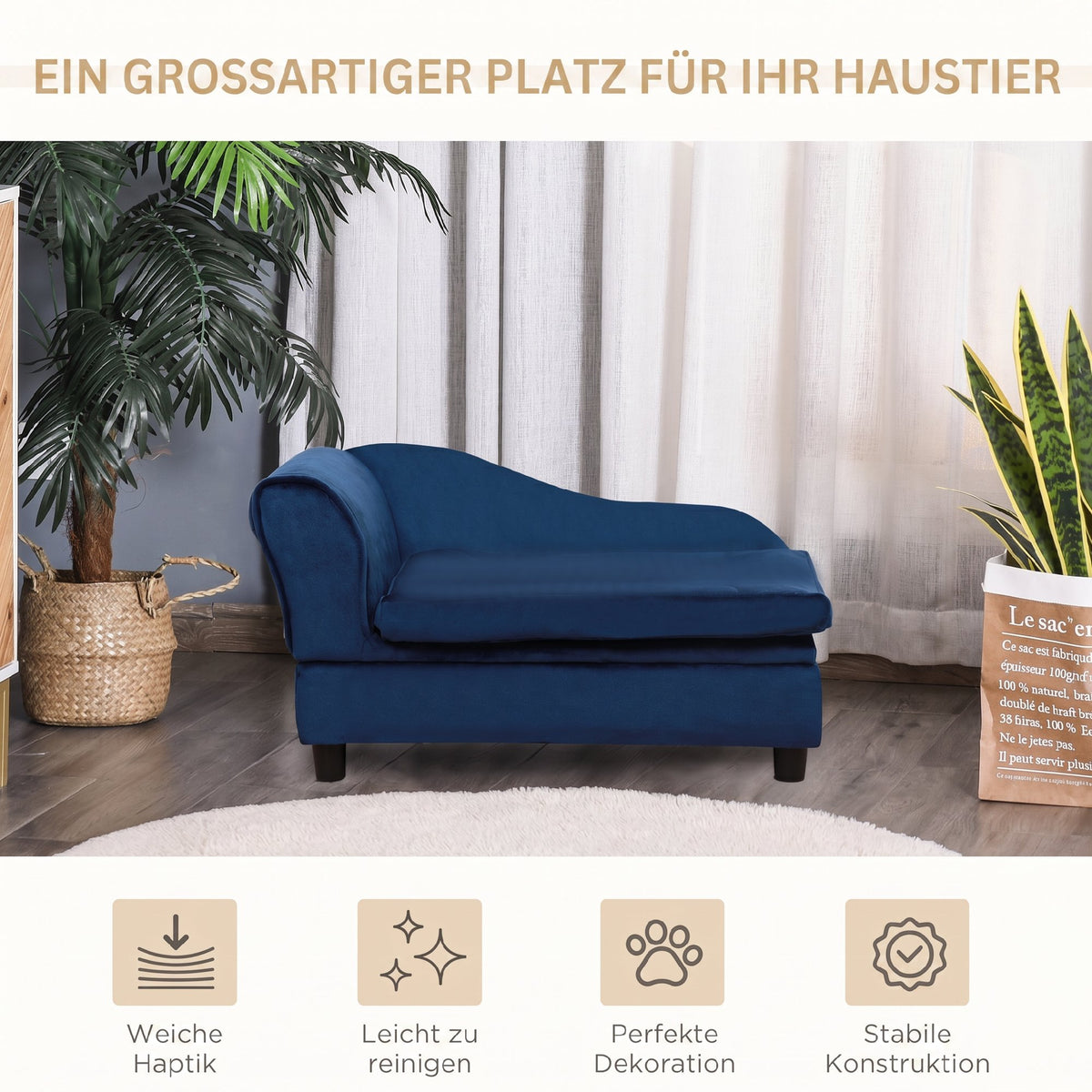 Sofa šunims ir katėms su daiktadėže ir pagalvėle, pliušinė, iki 15 kg, 76x45x43 cm, mėlyna
