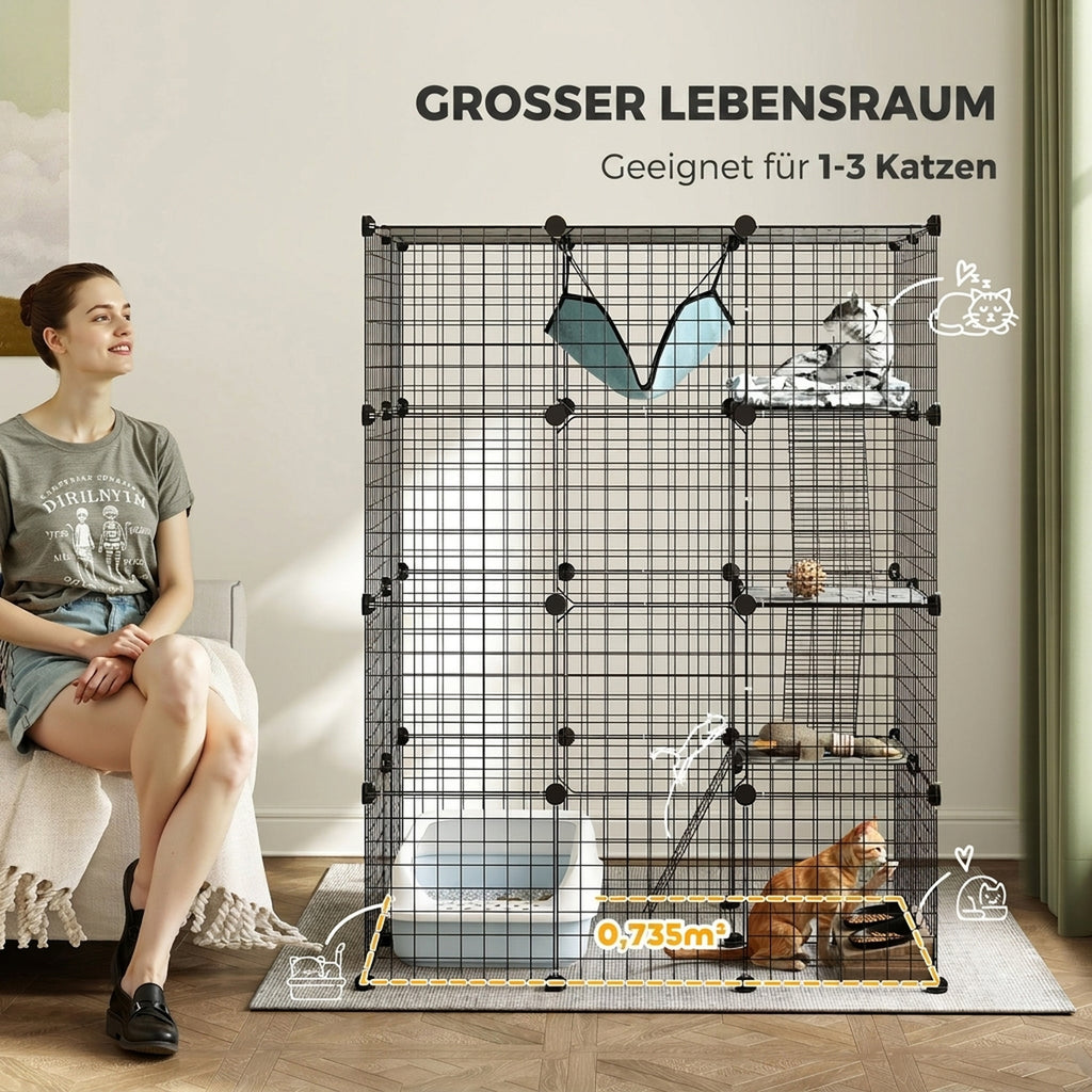 Narvas katėms 140 cm, 4 aukštų, iš 49 plokščių, su 5 durelėmis, hamaku, rampomis ir platformomis, juodas