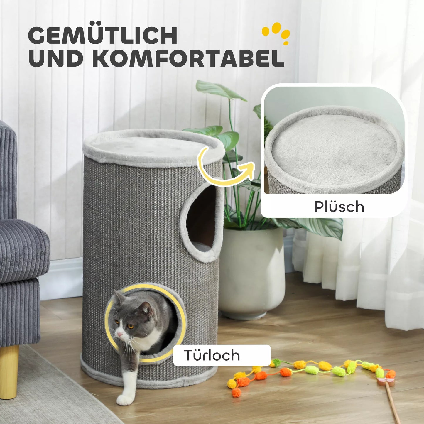 Dviaukštė draskyklė, 60 cm aukščio bokštas su 2 angomis ir pliušiniu kraštu, sizalis ir pliušas, 60x35x35 cm, šviesiai pilka