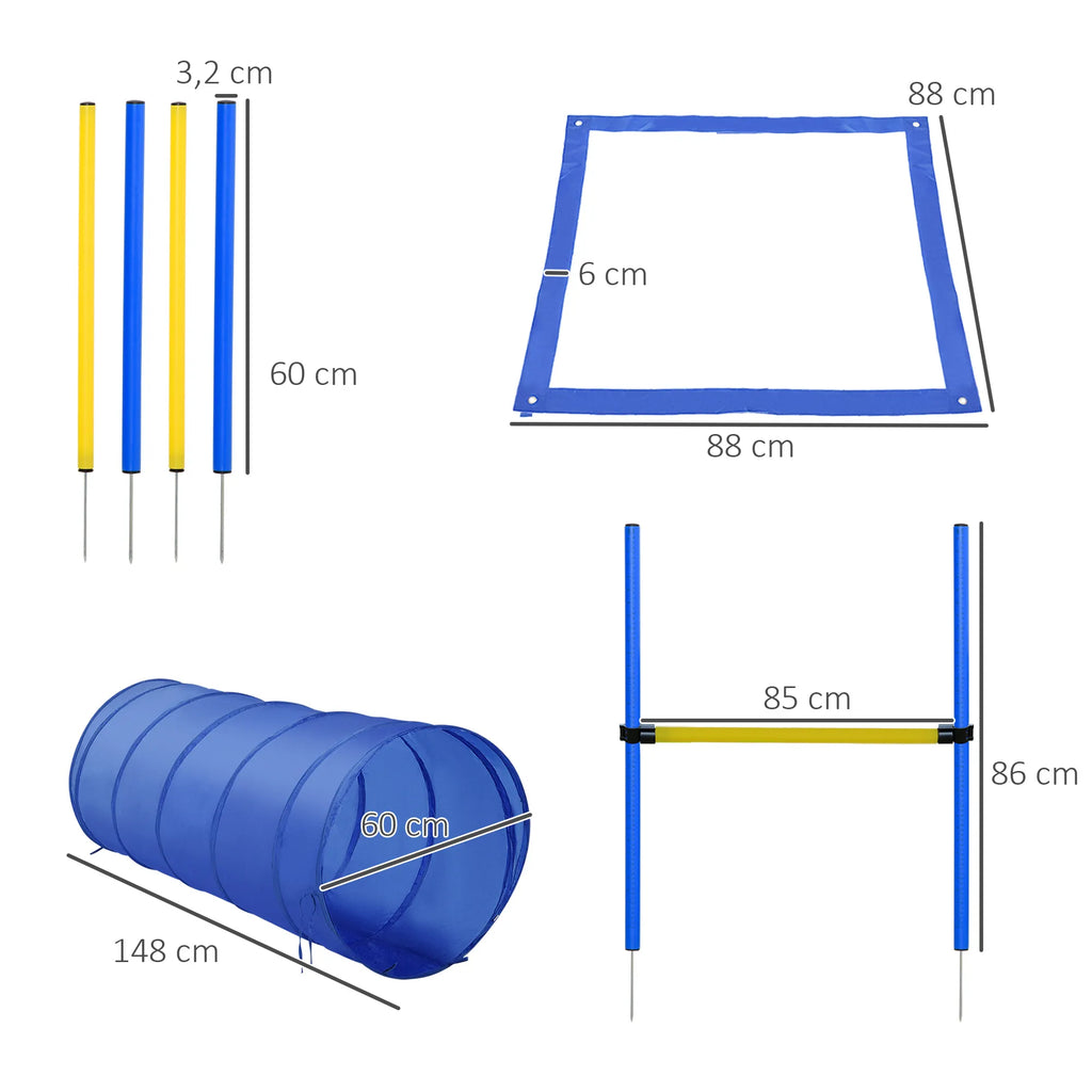 Agility rinkinys šunims, 5 dalių agility įranga šunų dresūrai, šuolių barjerų rinkinys su šunų tuneliu, 4 aukščio reguliuojami slalomstulpeliai, barjerai, pauzės dėžutė, nešiojimo krepšys – Agility rinkinys žaidimams ir dresūrai
