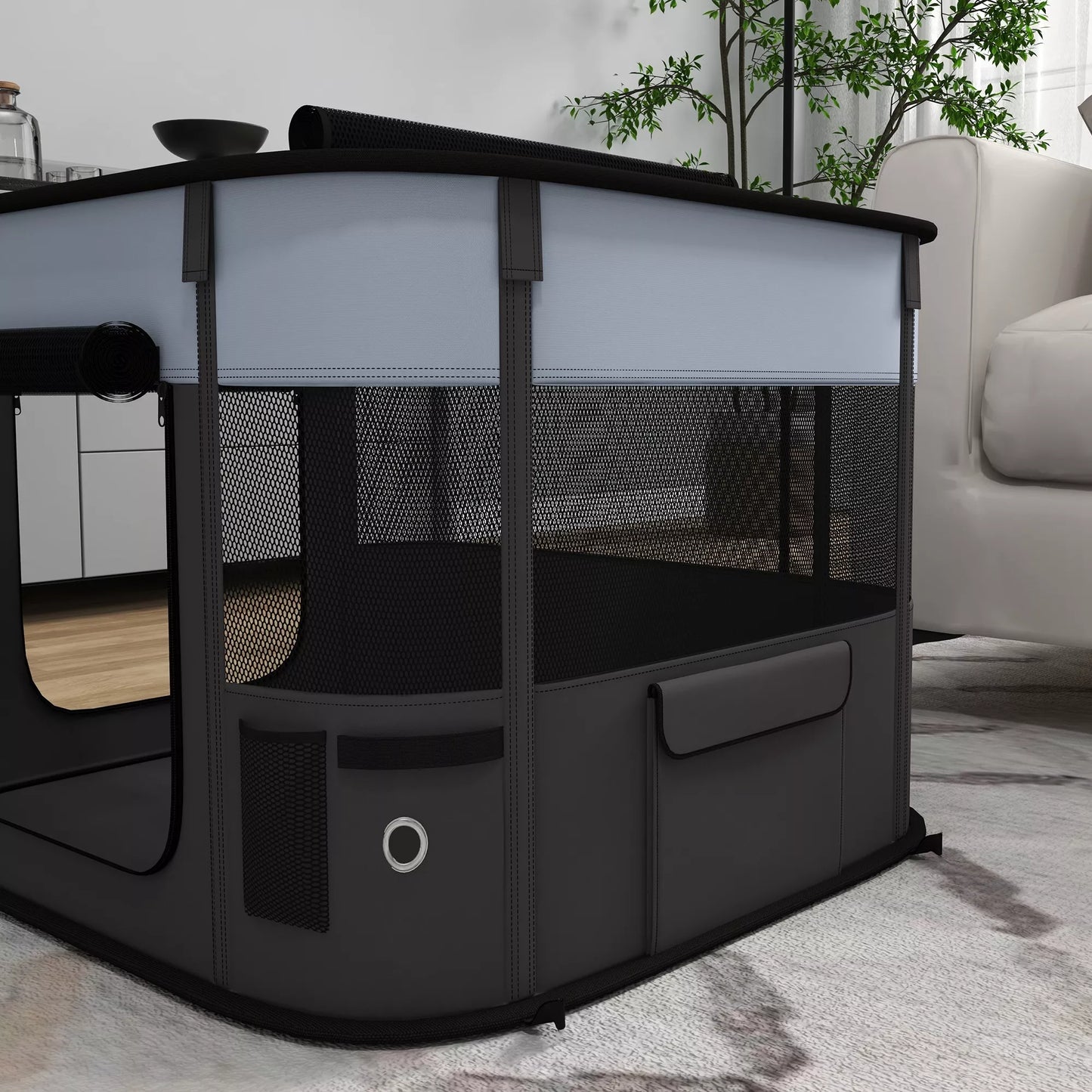 Sulankstomas žaidimų aptvaras naminiams gyvūnams su laikymo krepšiu, skirtas šuniukams ir kačiukams, naudoti lauke ir viduje, pilkos spalvos