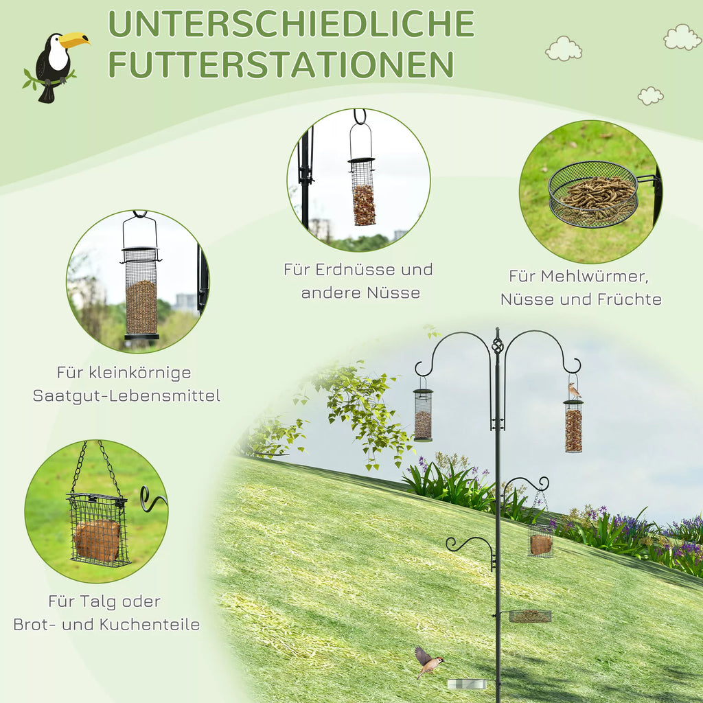 Putnu barotavas komplekts no tērauda, ​​augstums 208 cm, ar 4 āķiem, putnu dzirdinātava, barošanas šķīvis, pilns barošanas kāts, barošanas stacija, melna