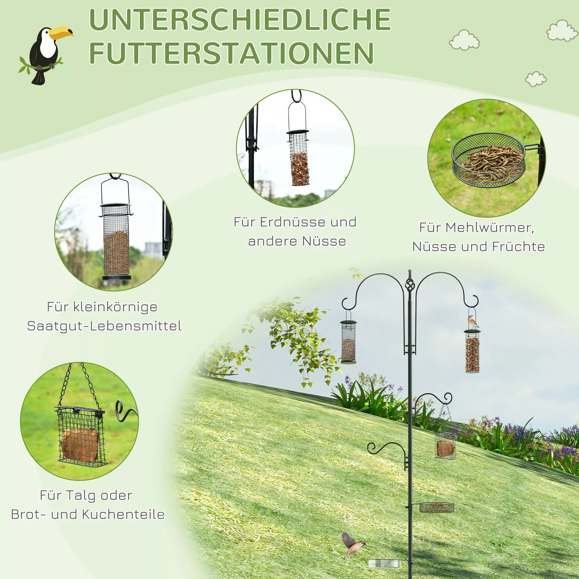 Putnu barotavas komplekts no tērauda, ​​augstums 208 cm, ar 4 āķiem, putnu dzirdinātava, barošanas šķīvis, pilns barošanas kāts, barošanas stacija, melna