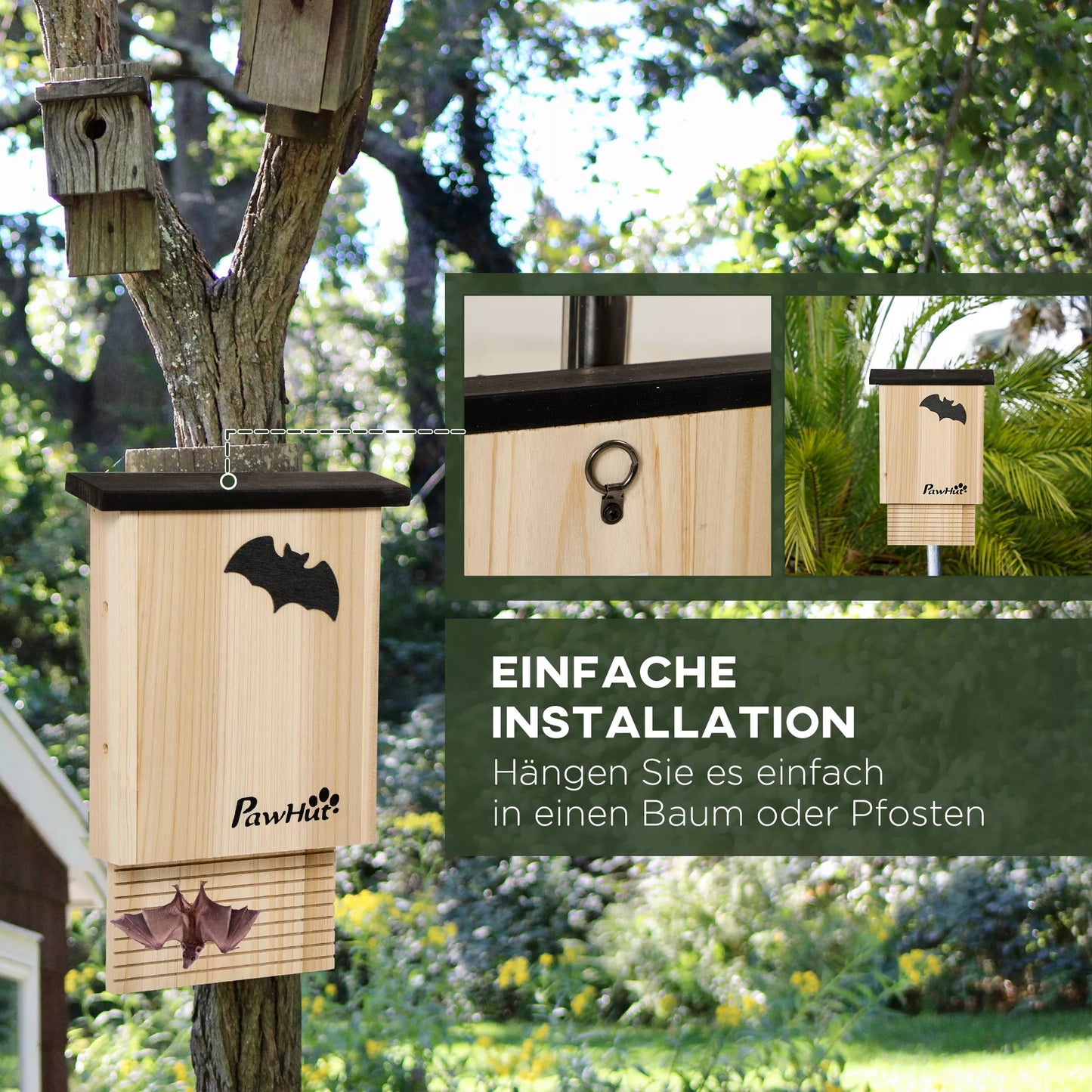 3 vnt. šikšnosparnių namelių rinkinys, atsparus oro sąlygoms, iki 3 šikšnosparnių viename namelyje, apdorota eglės mediena, natūralus + juodas