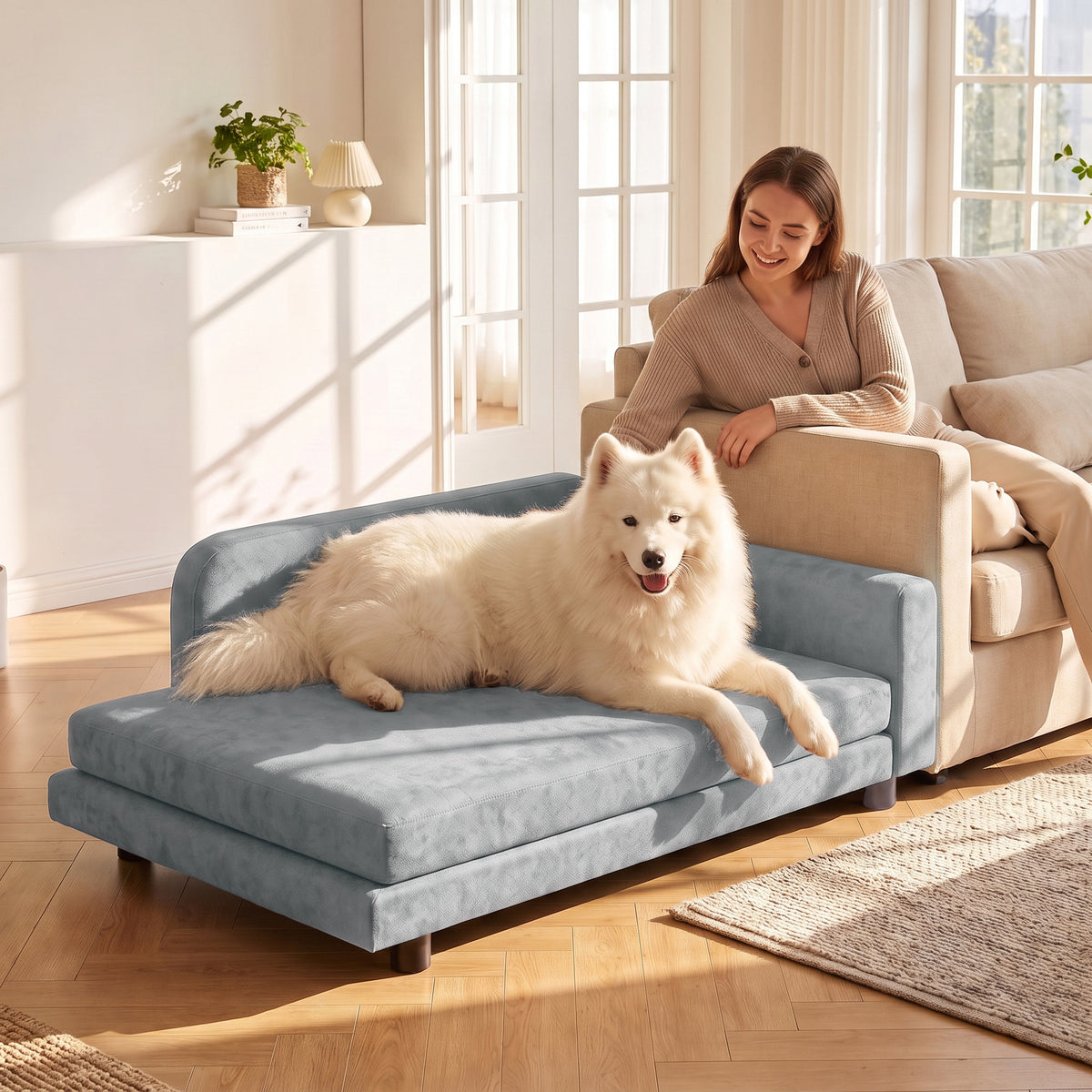 Sofa-guolis dideliems šunims su atlošu, 101x66x34,5 cm, išimama 6 cm pagalve, šunims iki 35 kg, pilka