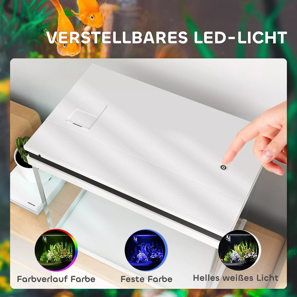 41 litru stikla akvārijs ar filtrācijas sistēmu, LED apgaismojumu, ūdens sūkni, dažādām zivju sugām, balts