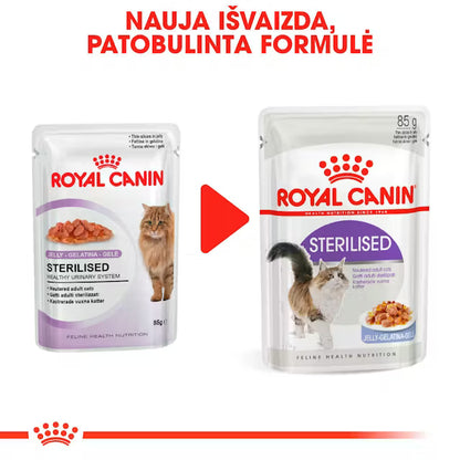 Sterilized drėgnas pašaras sterilizuotoms katėms Royal Canin (ploni griežinėliai drebučiuose) naujas įpakavimo dizainas