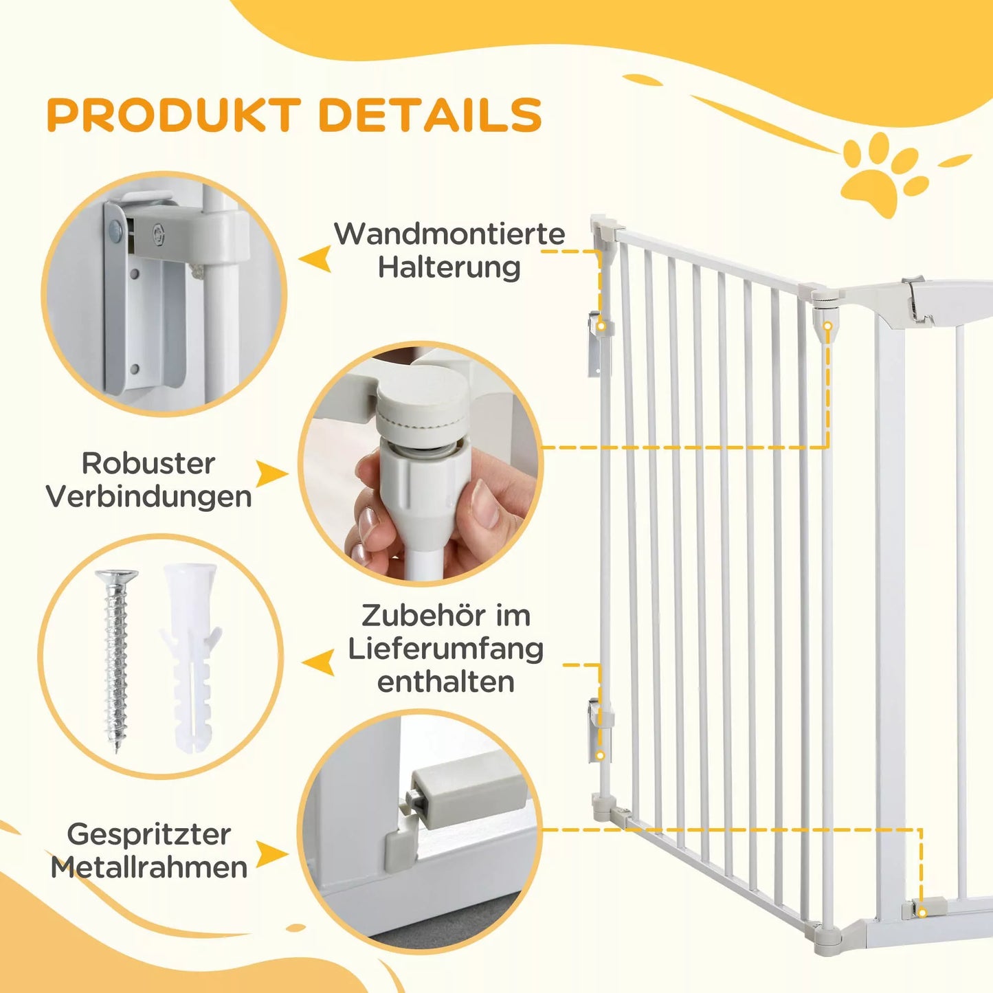 Šunų barjeras, laisvai pastatomas apsauginis gardelis 180 x 74,5 cm, sulankstomas šunų gardelis, durų apsauginis barjeras, laiptų gardelis, šunų atskyrimo gardelis laiptams, durims, virtuvei, koridoriui, 3 paneliai, baltas