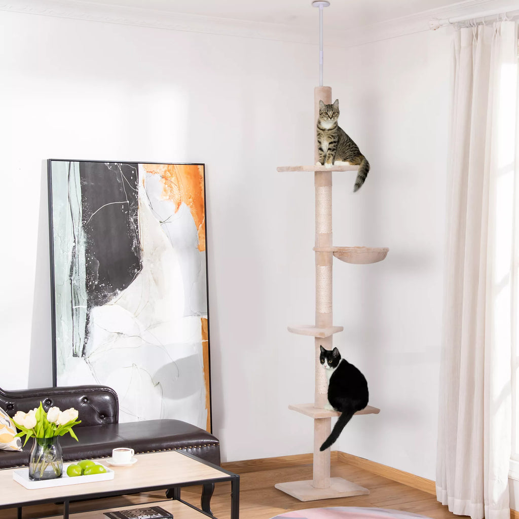 Kaķu māja līdz griestiem, regulējams augstums, stabils kaķu koks ar sizala stabiem, kaķu kāpšanas koks, bēšs, 40 x 34 x 230-260 cm