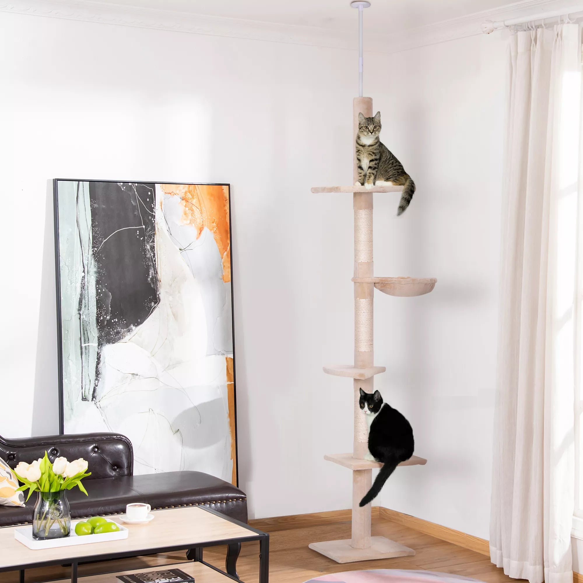 Kaķu māja līdz griestiem, regulējams augstums, stabils kaķu koks ar sizala stabiem, kaķu kāpšanas koks, bēšs, 40 x 34 x 230-260 cm