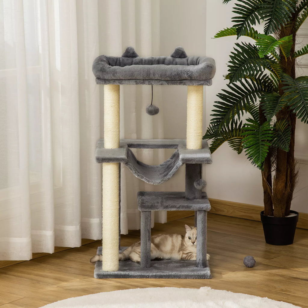 Kaķu koks 90 cm, ar šūpuļtīklu, rotaļu koks, kaķu gulta, platformas, kāpšanas koks, kaķu skrāpējamais kaste, aktivitāšu skrāpējamais kaste, plīša, sizala, pelēks