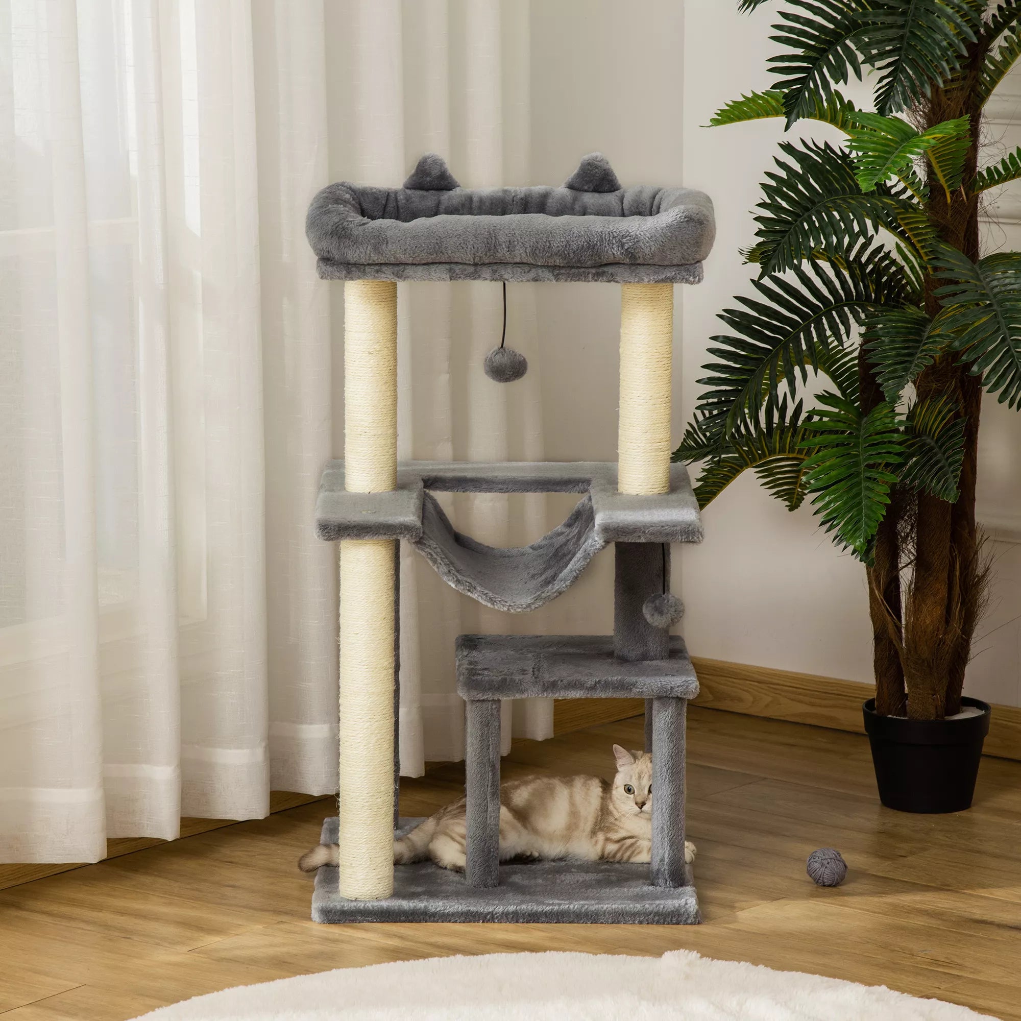 Kaķu koks 90 cm, ar šūpuļtīklu, rotaļu koks, kaķu gulta, platformas, kāpšanas koks, kaķu skrāpējamais kaste, aktivitāšu skrāpējamais kaste, plīša, sizala, pelēks