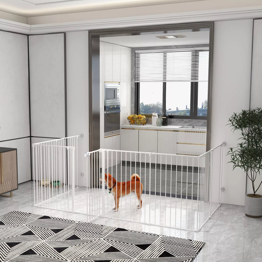 2-in-1 šuniukų aptvaras ir apsauginė tvorelė, 8 paneliai, užrakinamos durys, plienas, 90 cm aukštis, balta