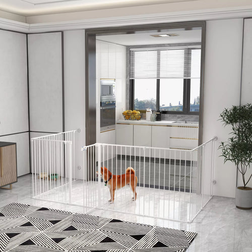 2-in-1 šuniukų aptvaras ir apsauginė tvorelė, 8 paneliai, užrakinamos durys, plienas, 90 cm aukštis, balta