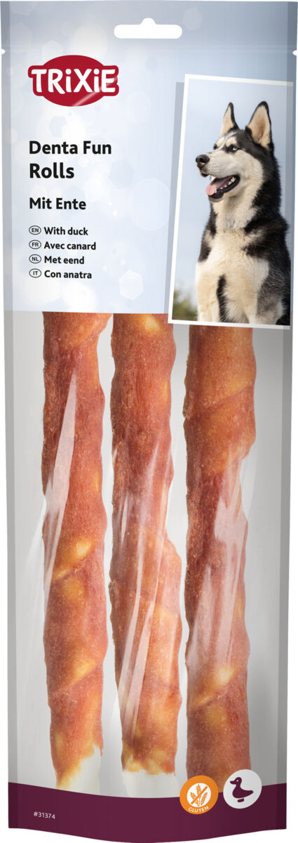 TRIXIE Denta Fun skanėstai šunims, kramtomi antienos suktinukai, 250 g nauja pakuotė