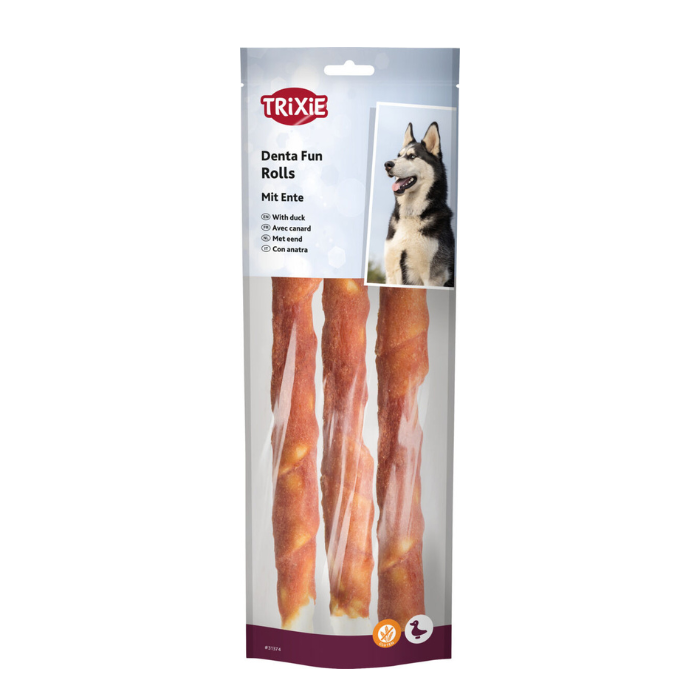 TRIXIE Denta Fun skanėstai šunims, kramtomi antienos suktinukai, 250 g naujas dizainas
